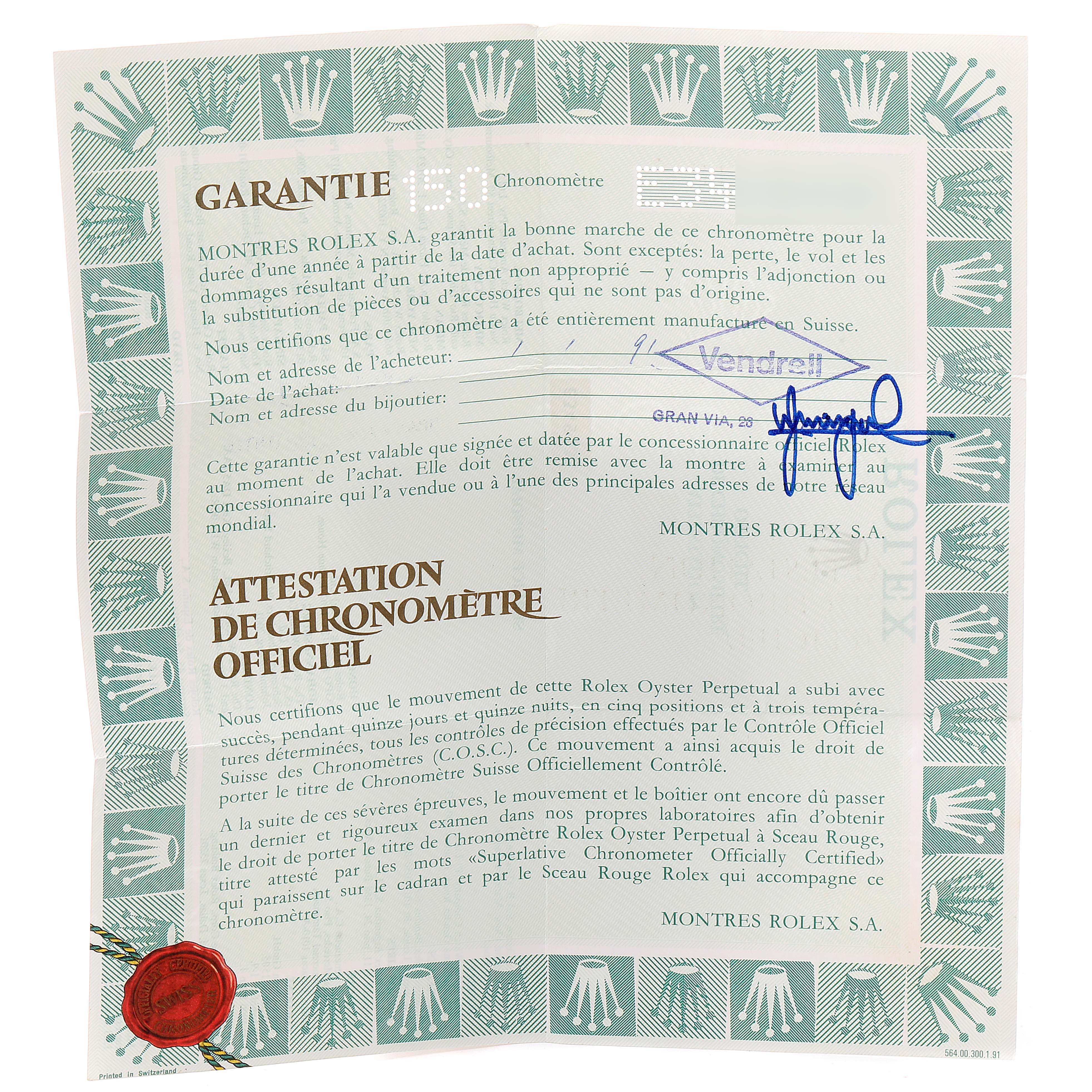 The image shows the warranty and official chronometer certification for a Rolex Datejust 69174 Women's Stainless Steel Silver Dial 69174 Women's Stainless Steel Silver Dial watch.