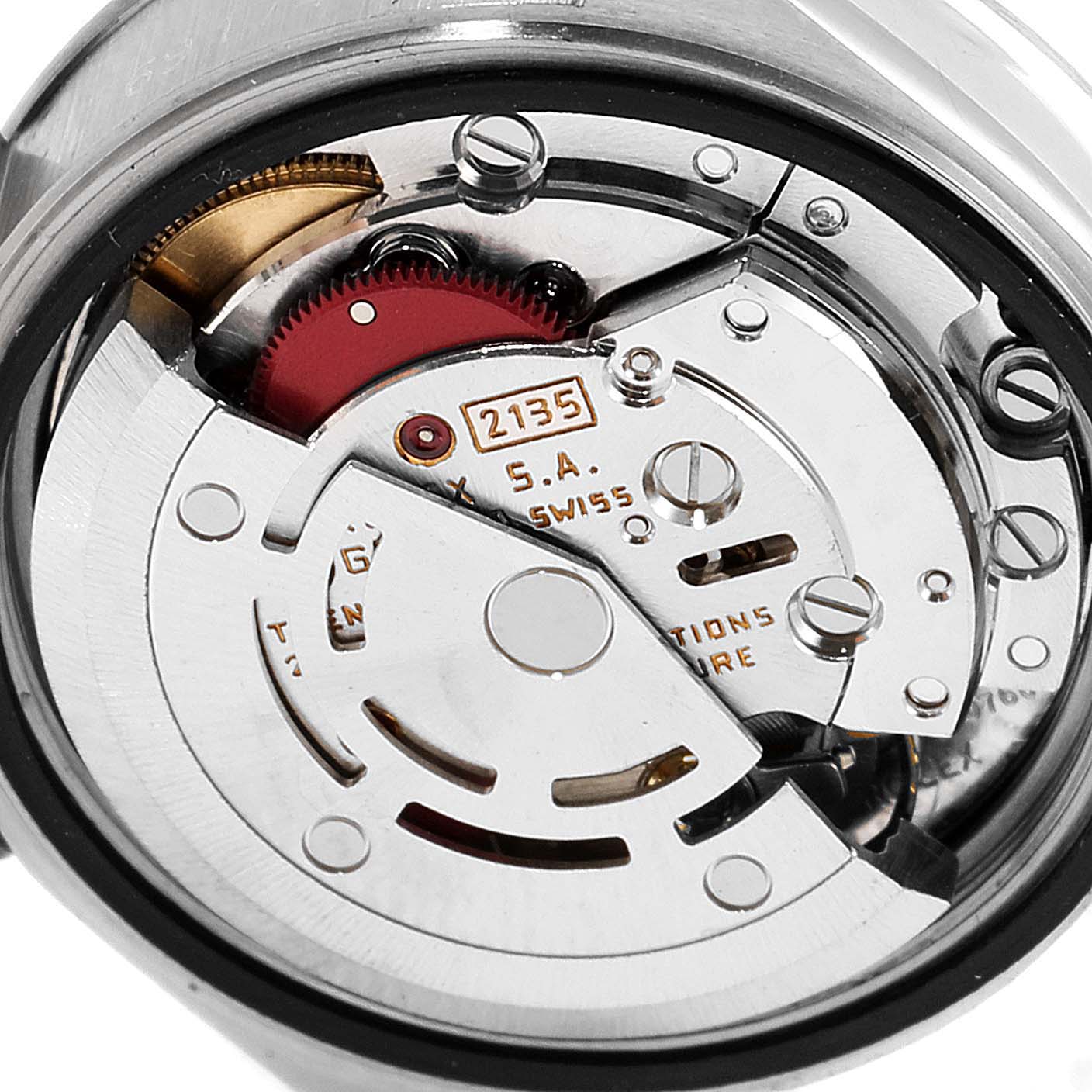 The image shows the mechanical movement from the back of a Rolex Datejust 69174 Women's Stainless Steel Silver Dial 69174 Women's Stainless Steel Silver Dial model, showcasing the intricate internal components.