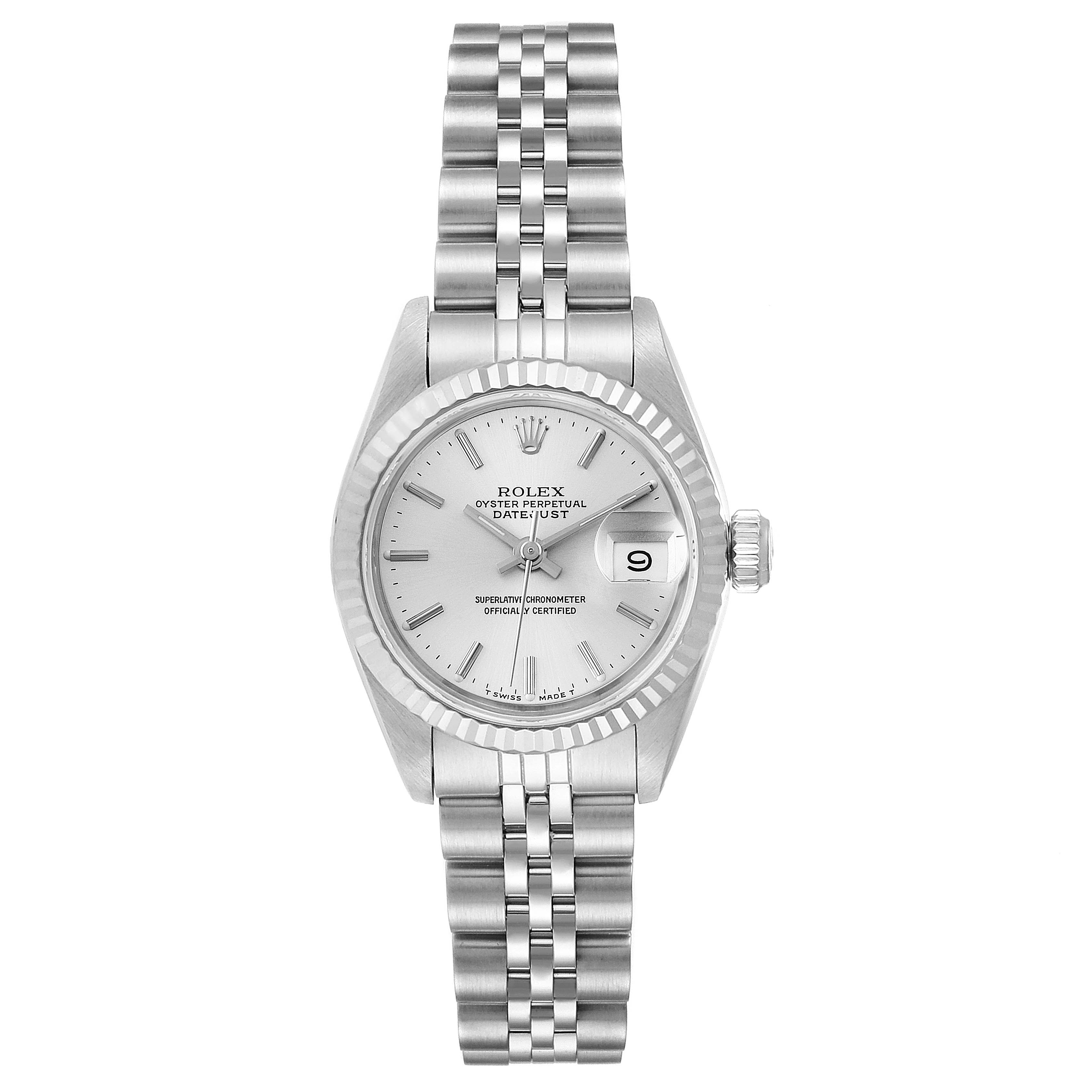 The image shows a Rolex Datejust 69174 Women's Stainless Steel Silver Dial 69174 Women's Stainless Steel Silver Dial watch from a frontal angle, displaying its face, bezel, and bracelet.