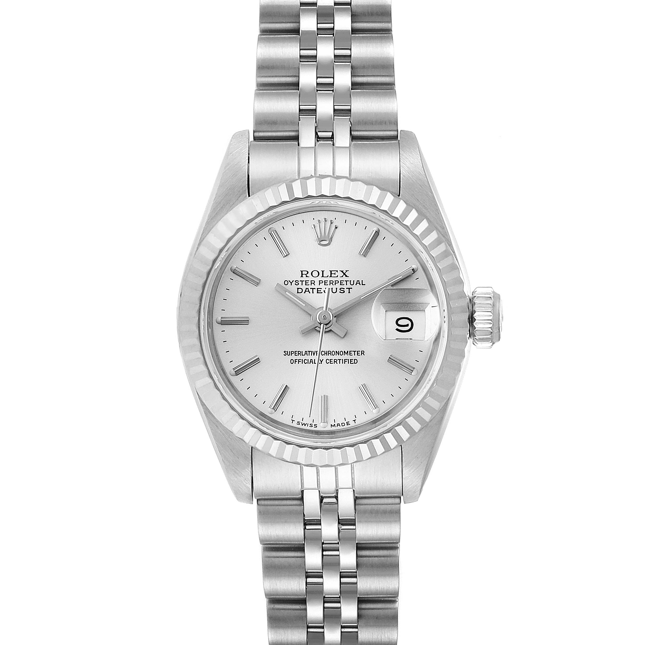 The image shows a frontal view of the Rolex Datejust 69174 Women's Stainless Steel Silver Dial 69174 Women's Stainless Steel Silver Dial watch, highlighting its dial, fluted bezel, bracelet, and crown.