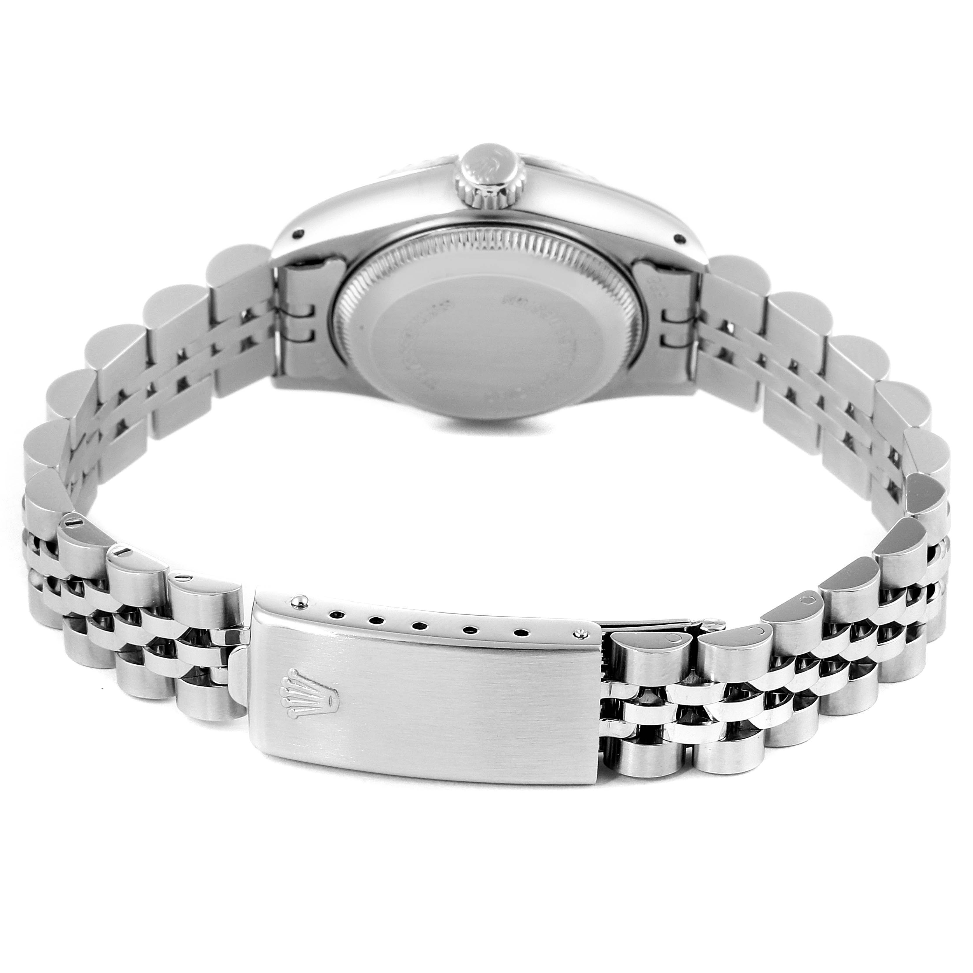 This image shows the case back and bracelet clasp of a Rolex Datejust 69174 Women's Stainless Steel Silver Dial 69174 Women's Stainless Steel Silver Dial watch from the rear angle.