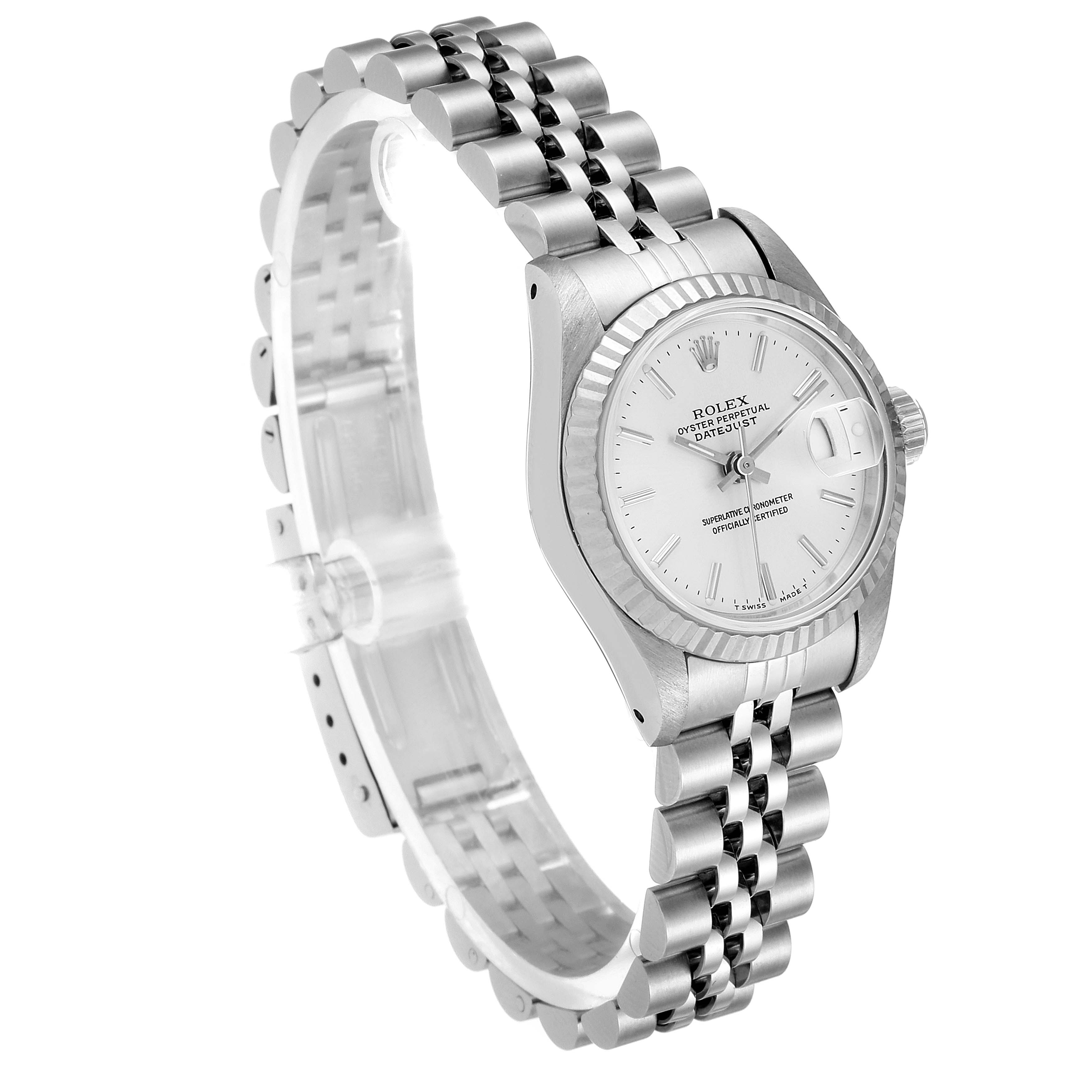 The image shows a side angle of a Rolex Datejust 69174 Women's Stainless Steel Silver Dial 69174 Women's Stainless Steel Silver Dial watch, highlighting its face, bezel, crown, and Jubilee bracelet.