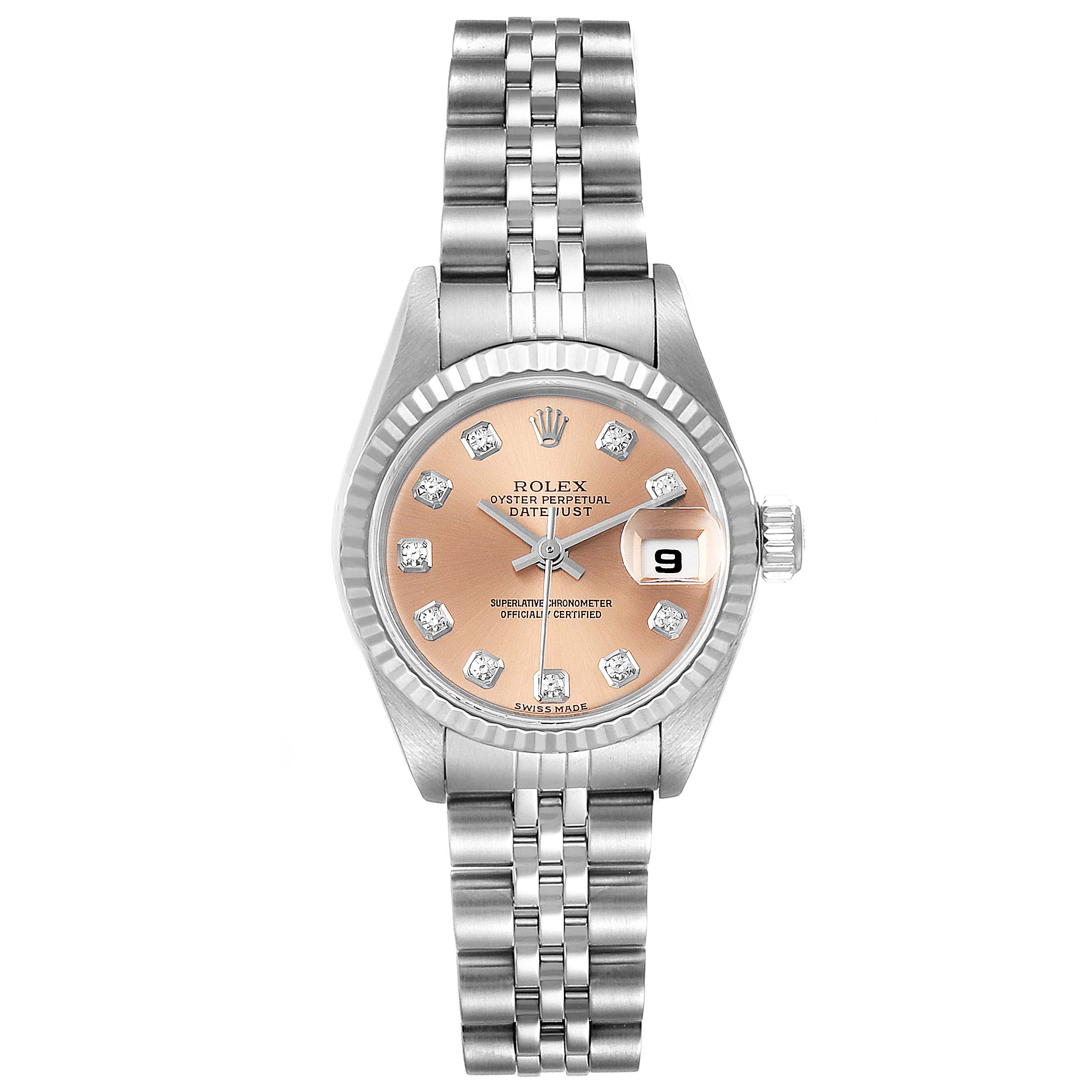 This image shows a Rolex Datejust 79174 Women's Stainless Steel Pink Dial 79174 Women's Stainless Steel Pink Dial watch from the front, displaying its face, bezel, crown, and bracelet.