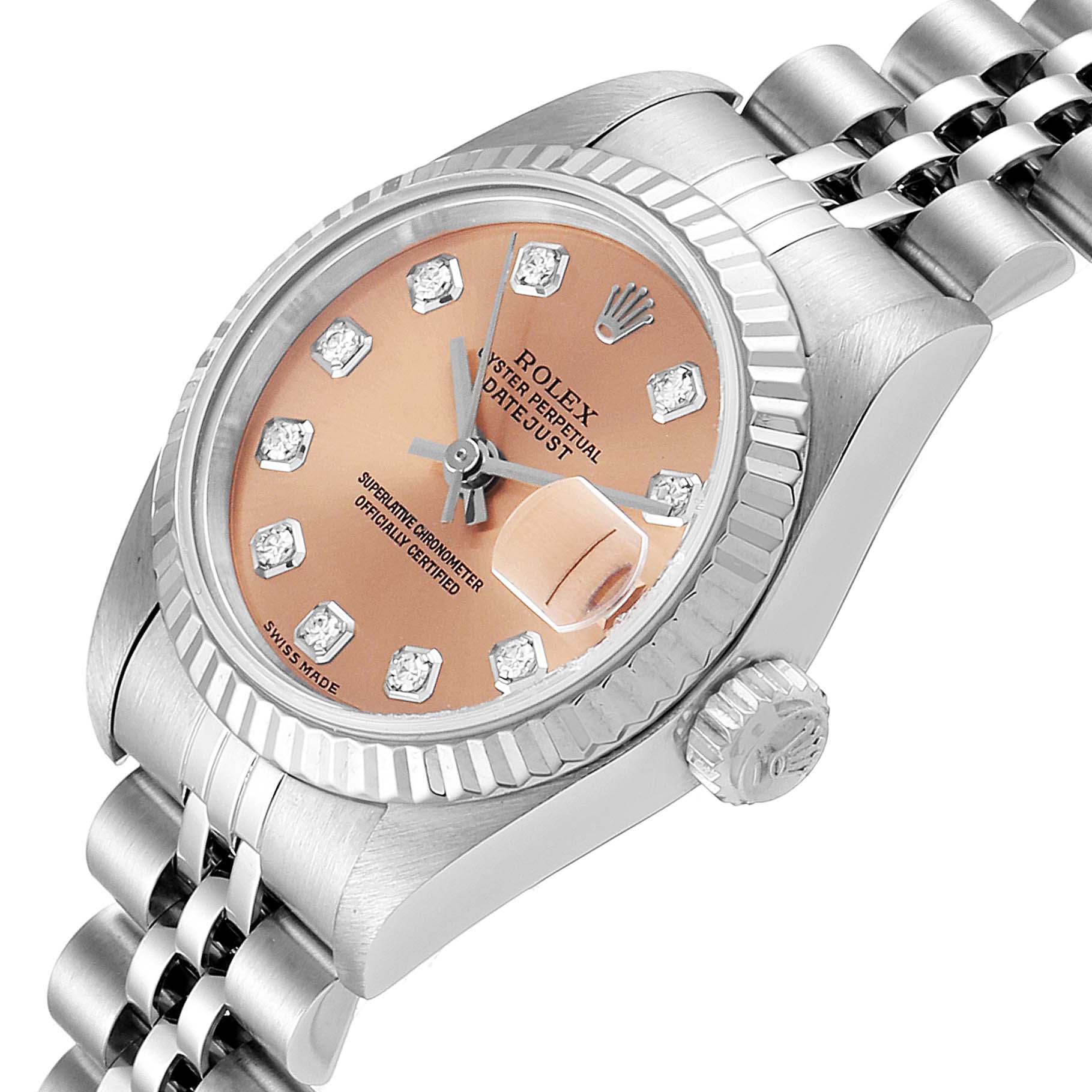 The image shows a close-up angle of the Rolex Datejust 79174 Women's Stainless Steel Pink Dial 79174 Women's Stainless Steel Pink Dial watch, highlighting its face, crown, and part of the bracelet.