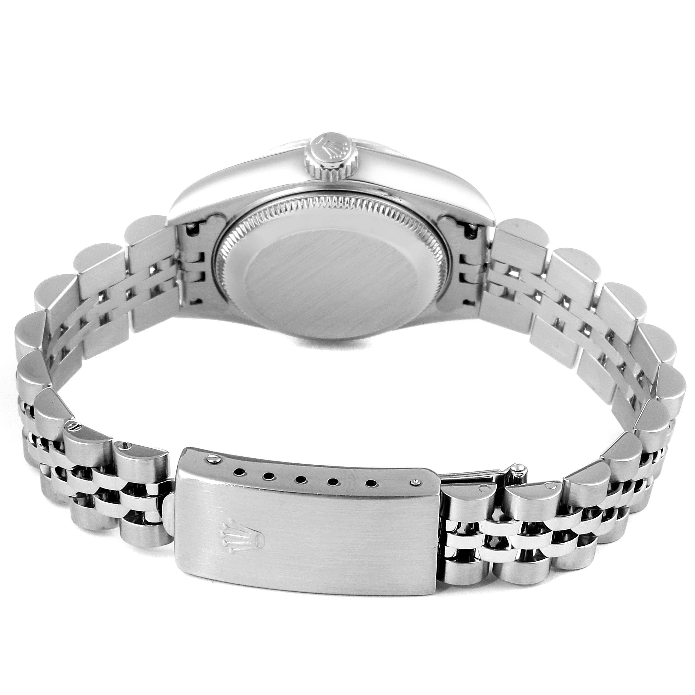 This image shows the back and clasp of a Rolex Datejust 79174 Women's Stainless Steel Pink Dial 79174 Women's Stainless Steel Pink Dial watch, highlighting the bracelet and caseback.