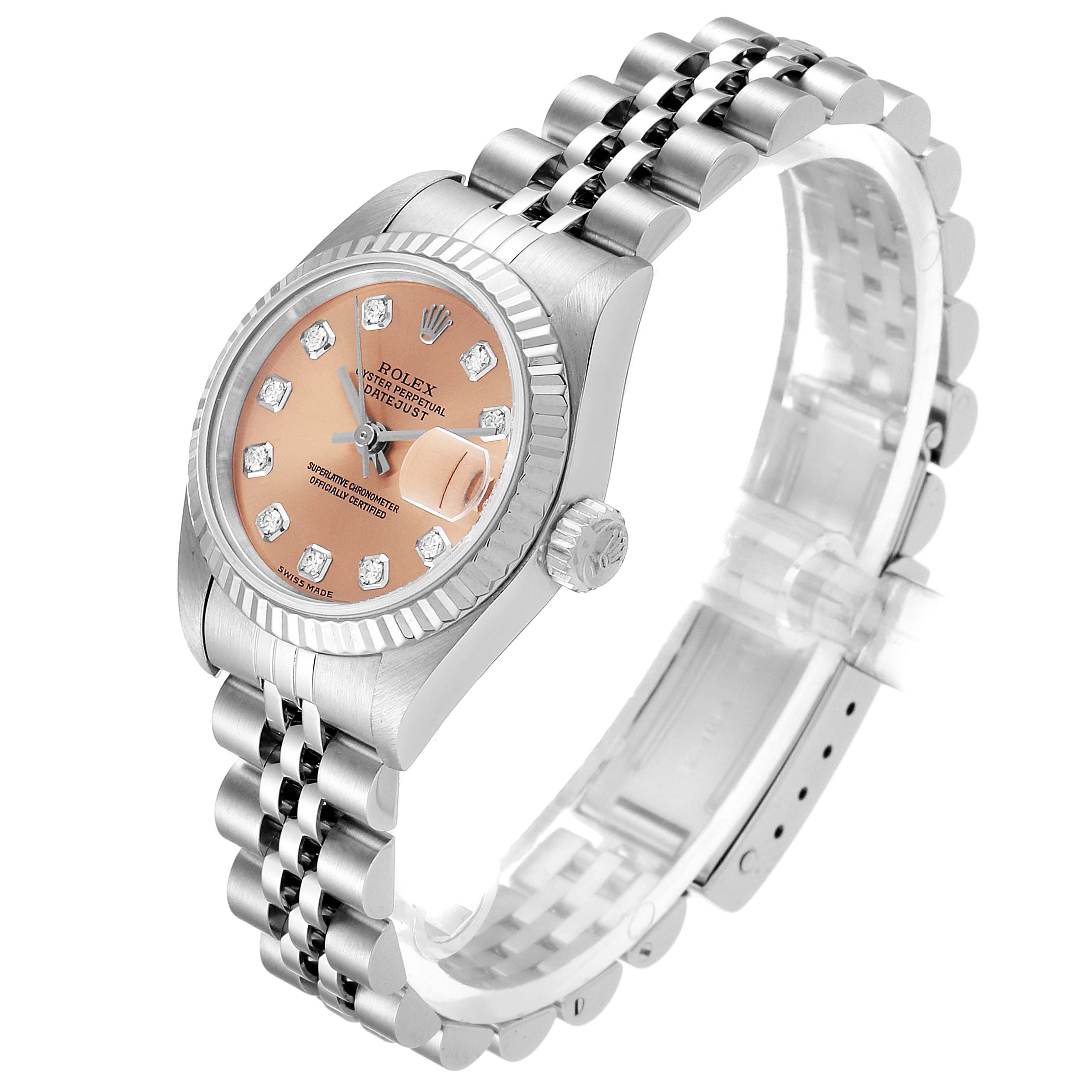 The Rolex Datejust 79174 Women's Stainless Steel Pink Dial 79174 Women's Stainless Steel Pink Dial watch is shown at a slight angle, displaying the dial, bezel, and bracelet.