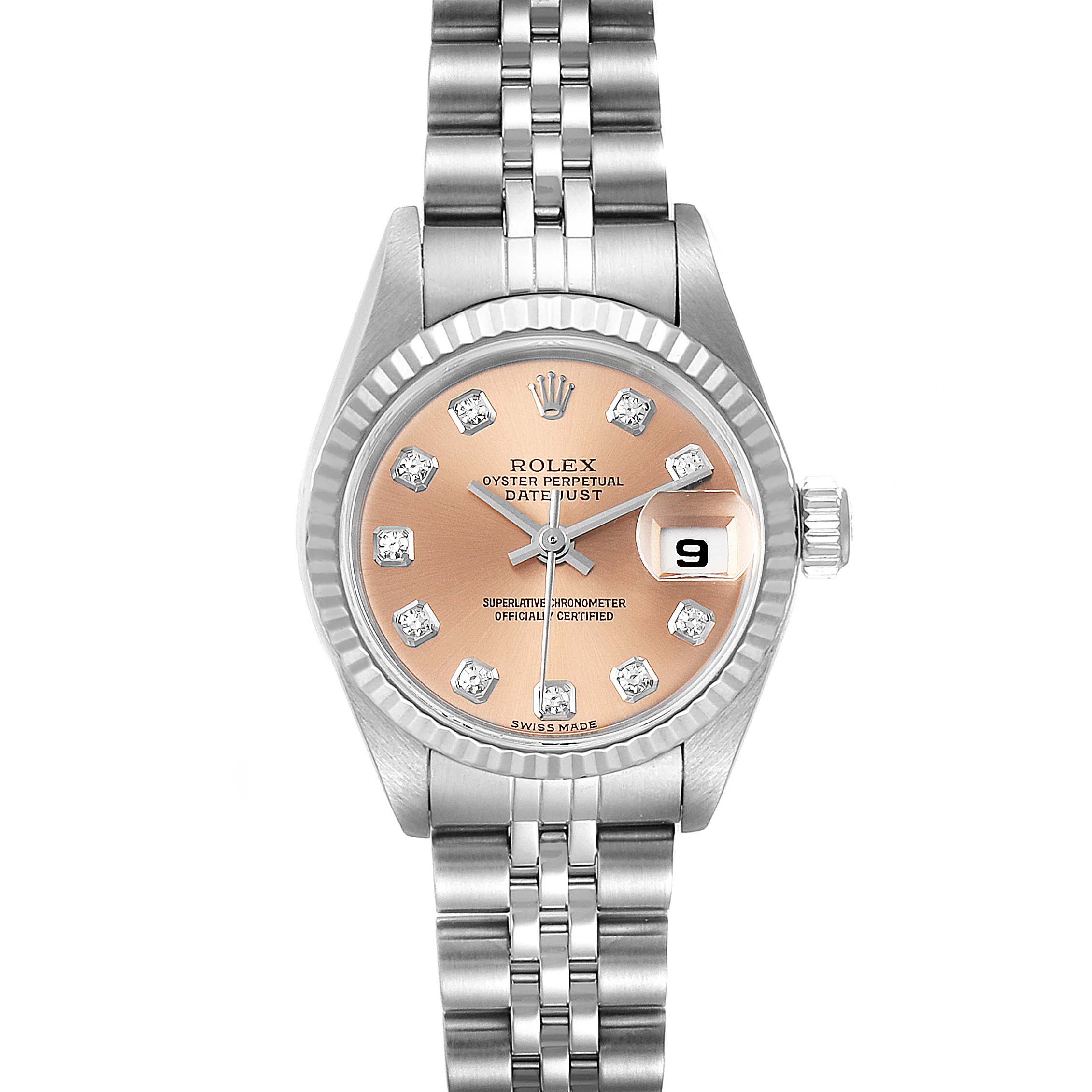 The image shows a front view of a Rolex Datejust 79174 Women's Stainless Steel Pink Dial 79174 Women's Stainless Steel Pink Dial watch, displaying the face, bezel, crown, and part of the metal bracelet.
