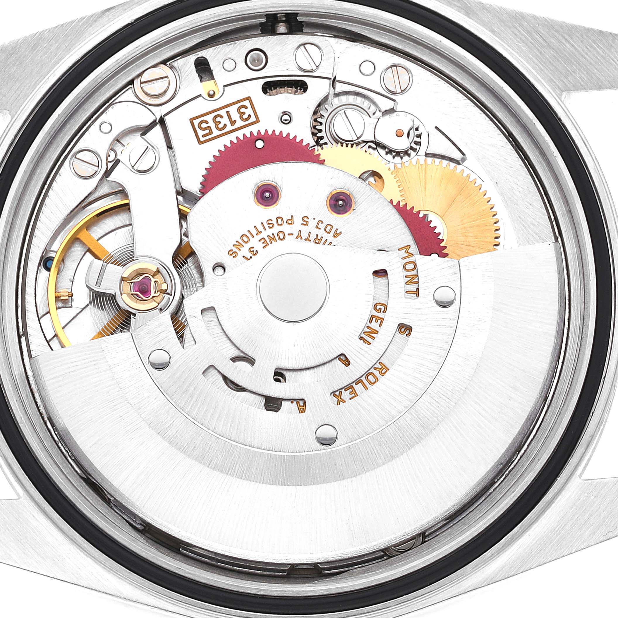 This image shows the internal mechanism and components of a Rolex Datejust 16234 Men's Stainless Steel Silver Dial 16234 Men's Stainless Steel Silver Dial watch viewed from the back.