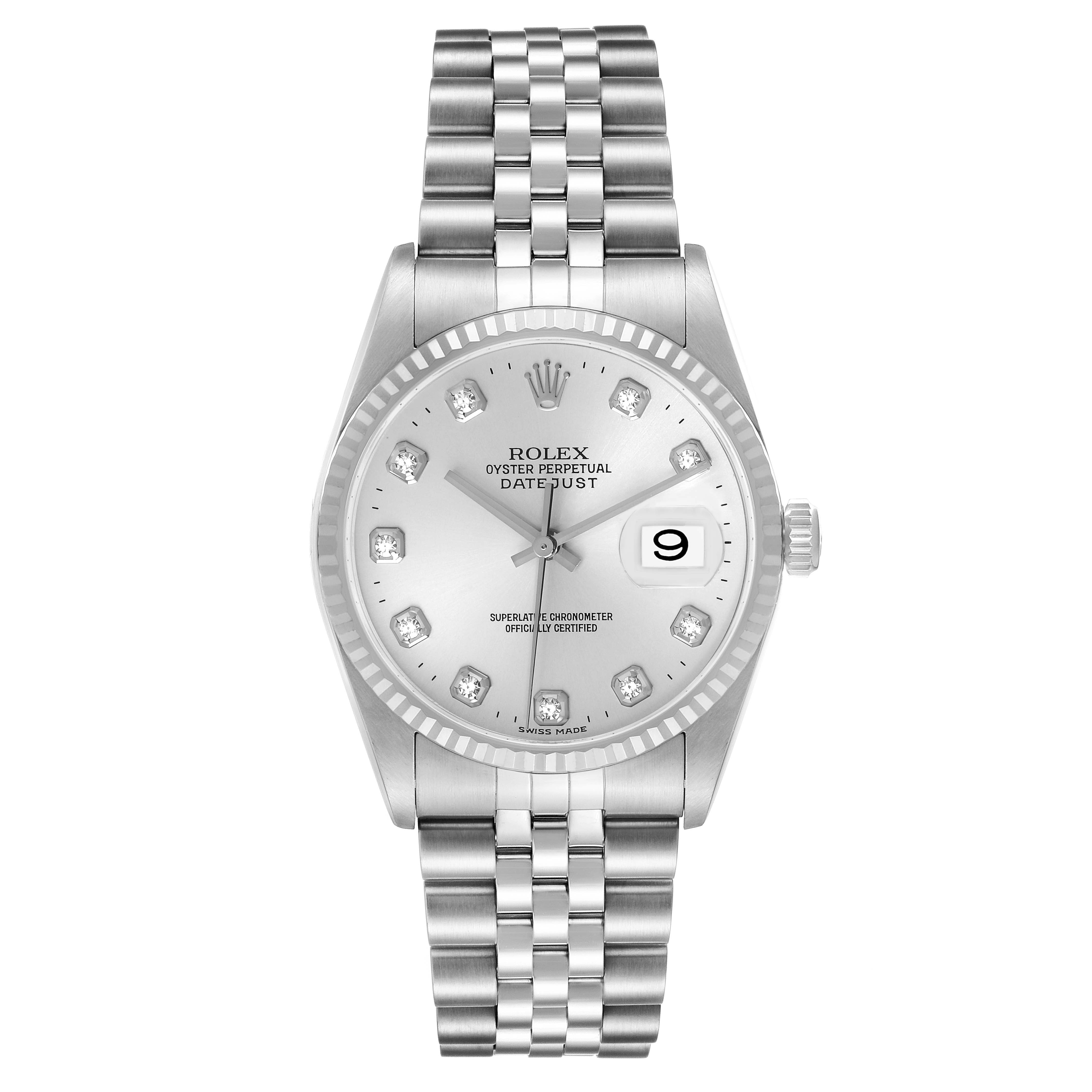 This image shows a frontal view of a Rolex Datejust 16234 Men's Stainless Steel Silver Dial 16234 Men's Stainless Steel Silver Dial watch, highlighting its dial, bracelet, and the Cyclops lens over the date.