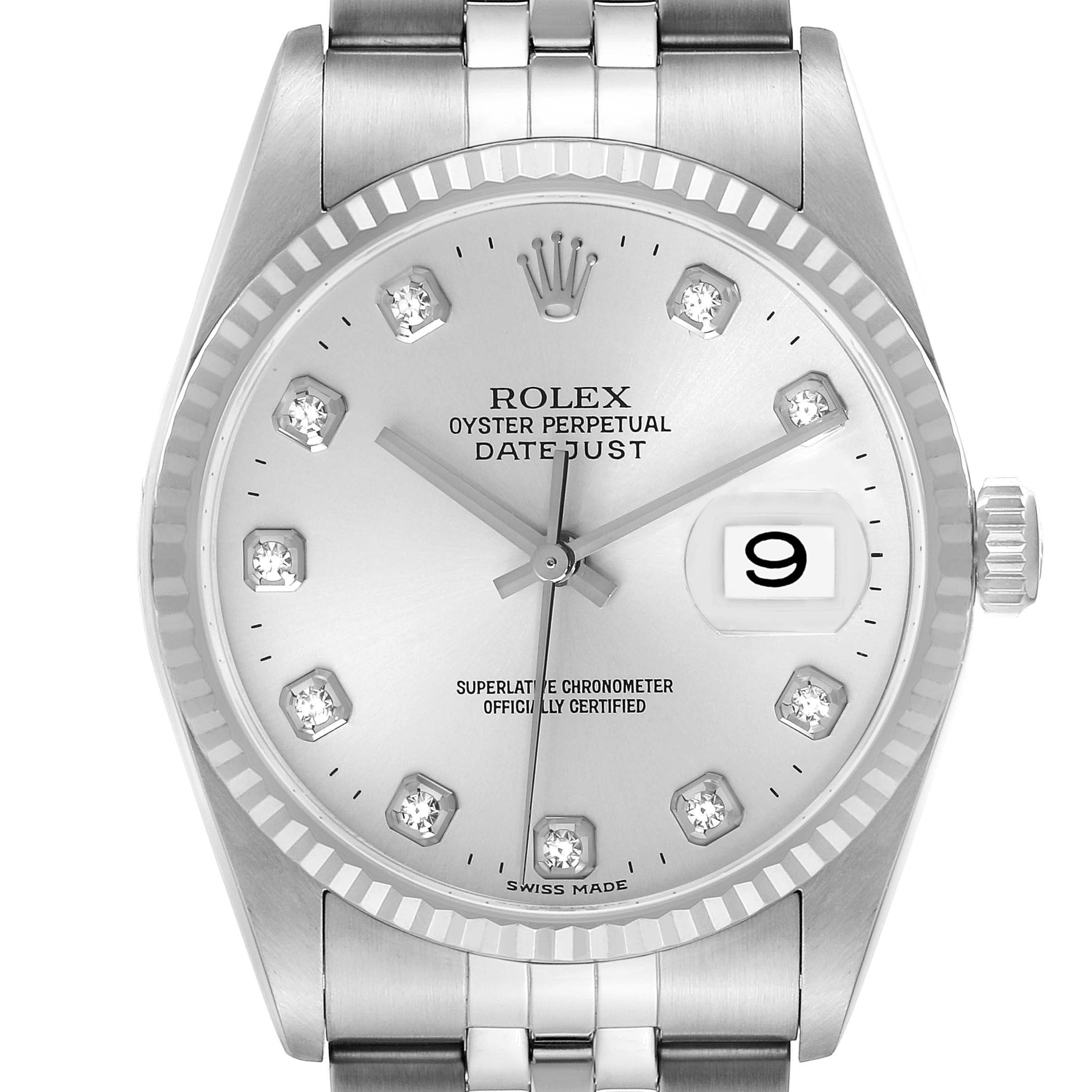 This image shows a front view of a Rolex Datejust 16234 Men's Stainless Steel Silver Dial 16234 Men's Stainless Steel Silver Dial watch, highlighting the dial, crown, and bracelet.