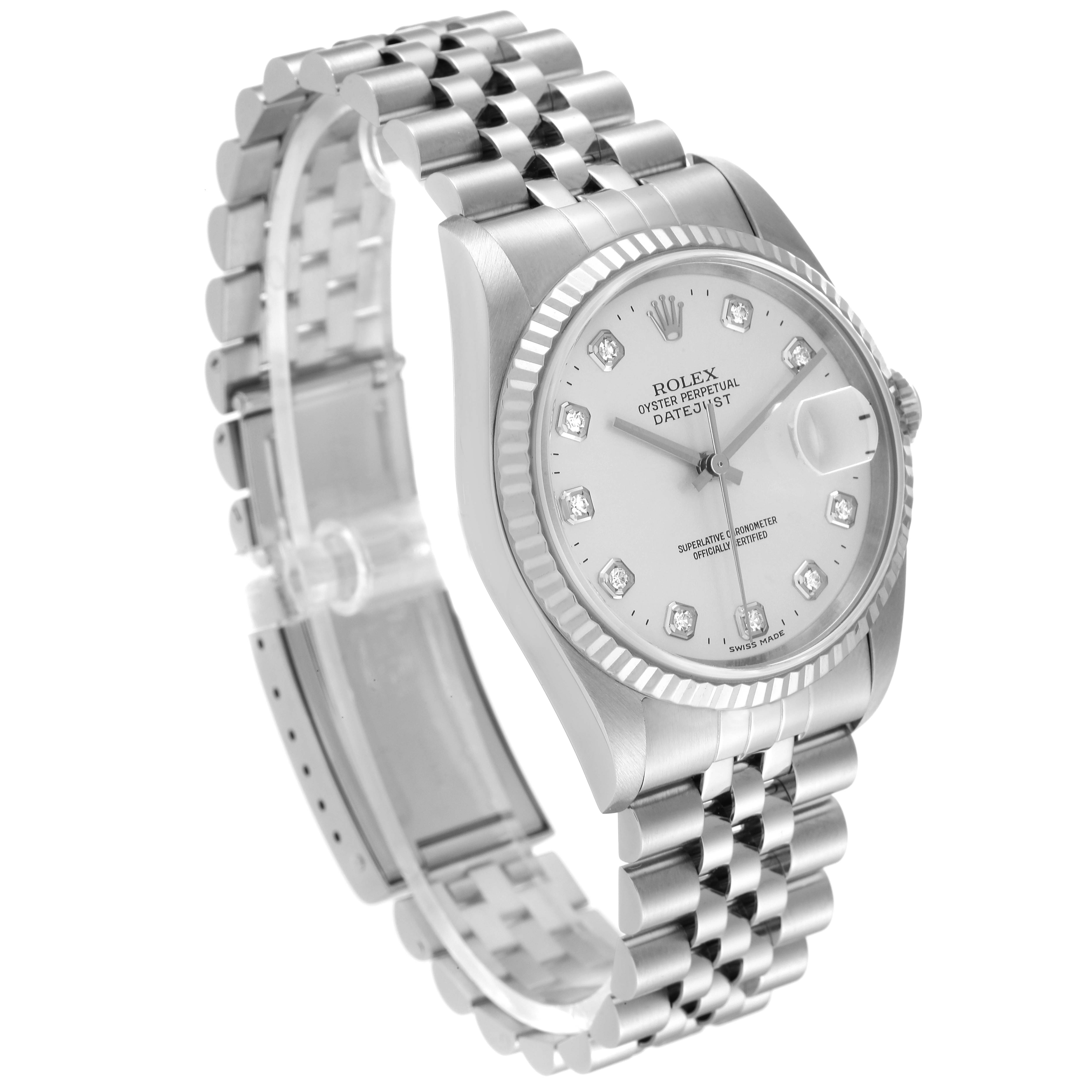 The image shows a Rolex Datejust 16234 Men's Stainless Steel Silver Dial 16234 Men's Stainless Steel Silver Dial watch at a three-quarter angle, highlighting its face, bezel, and bracelet.