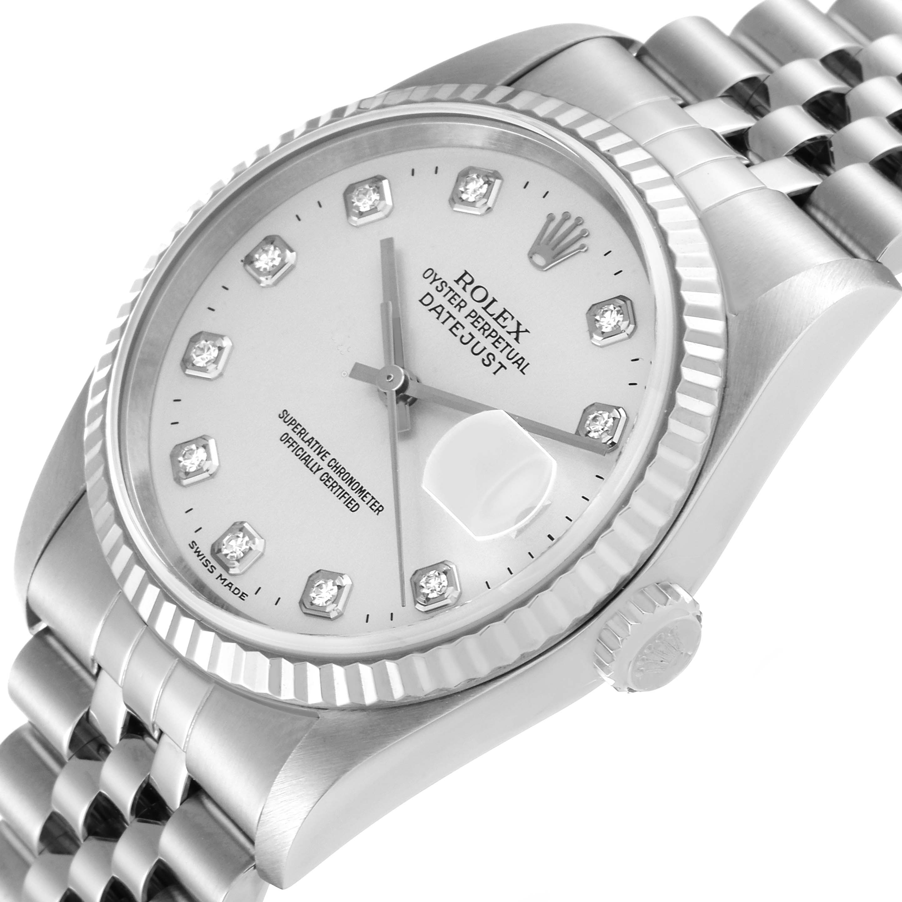 The image shows the Rolex Datejust 16234 Men's Stainless Steel Silver Dial 16234 Men's Stainless Steel Silver Dial watch at an angled close-up, highlighting the face, bezel, crown, and part of the bracelet.