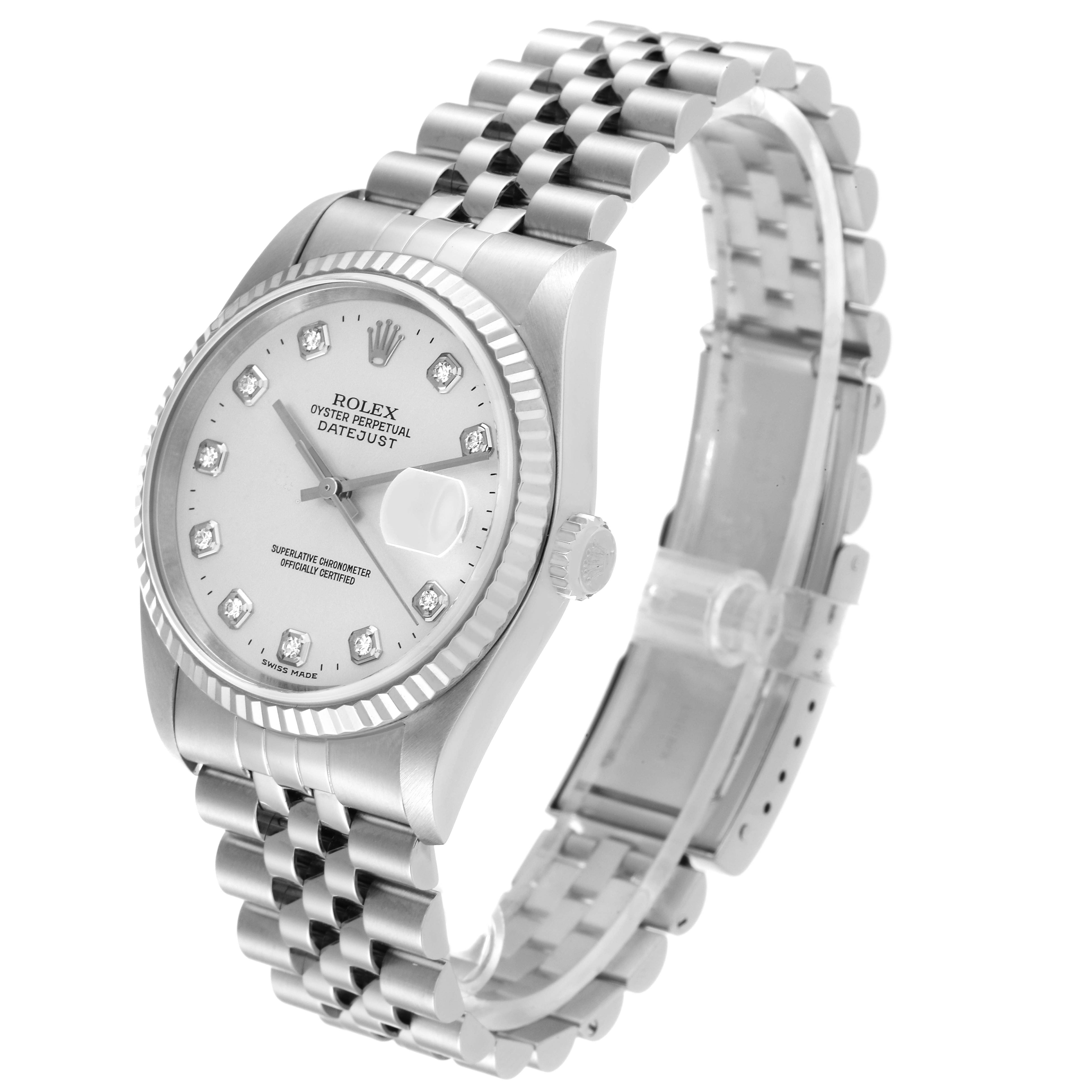 The image shows a Rolex Datejust 16234 Men's Stainless Steel Silver Dial 16234 Men's Stainless Steel Silver Dial watch at a three-quarter angle, highlighting the face, bezel, crown, and bracelet.