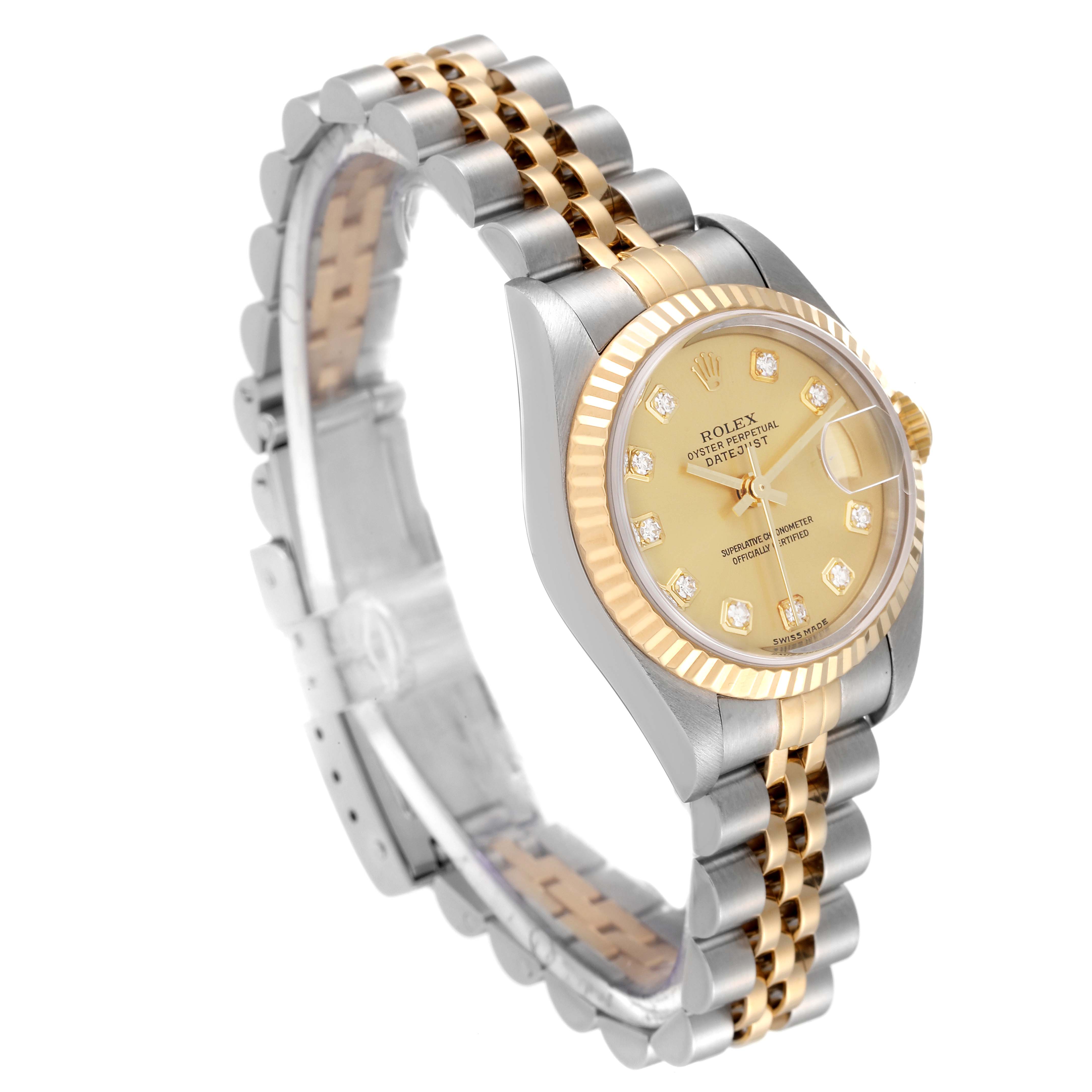 The Rolex Datejust 79173 Women's Steel and Gold (two tone) Champagne Dial 79173 Women's Steel and Gold (two tone) Champagne Dial watch is shown from an angled side view displaying its gold and silver bracelet, case, and champagne dial.