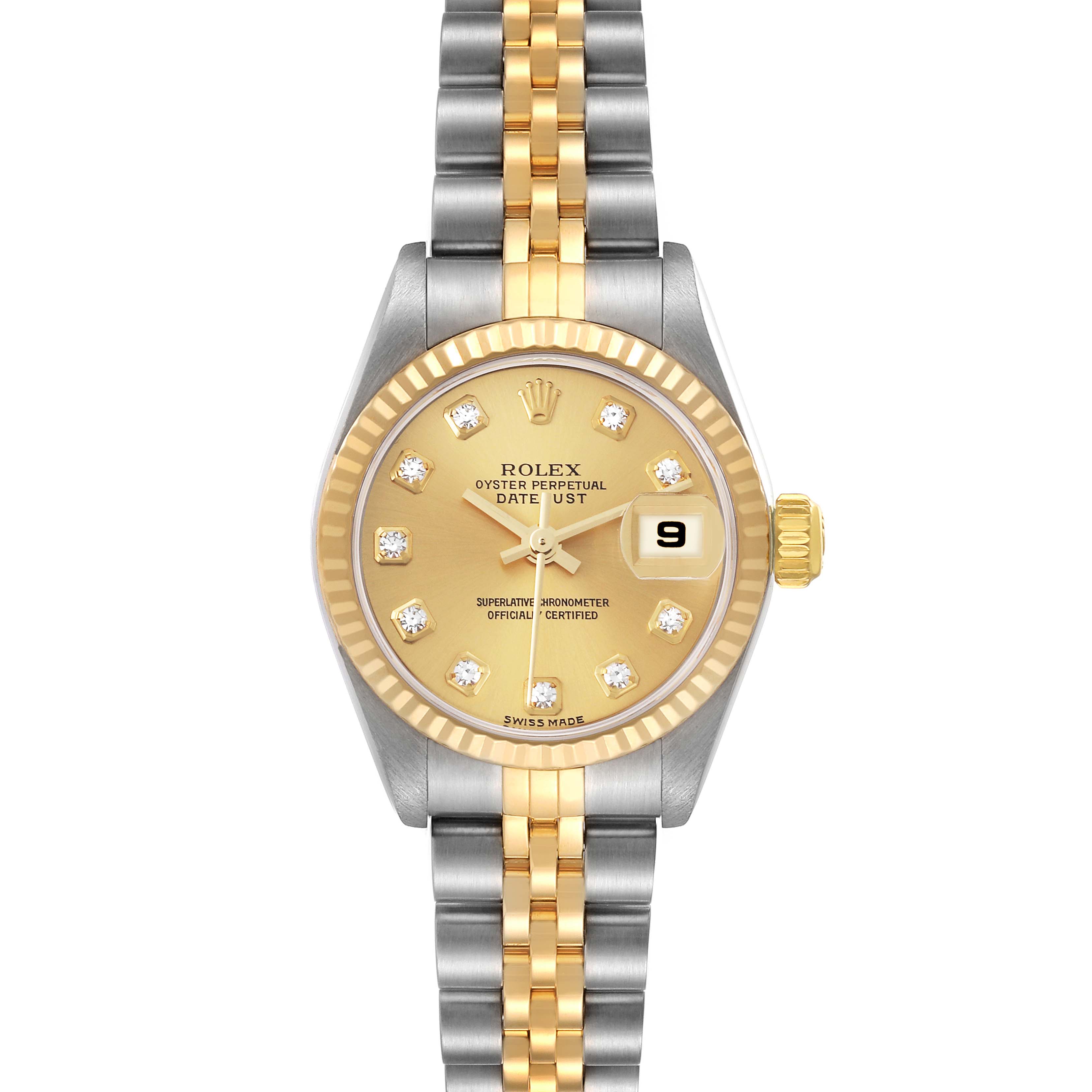 This image shows a frontal view of a Rolex Datejust 79173 Women's Steel and Gold (two tone) Champagne Dial 79173 Women's Steel and Gold (two tone) Champagne Dial watch with a two-tone bracelet and gold dial featuring diamond hour markers.