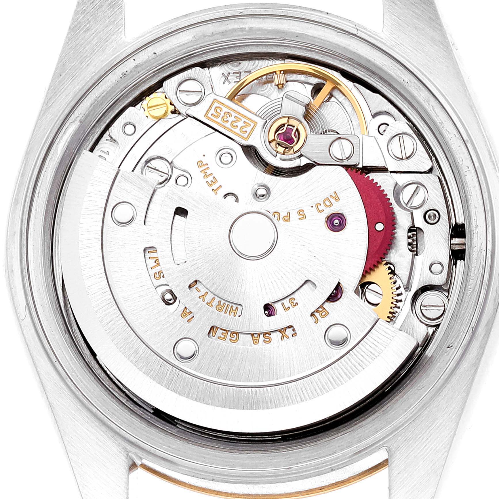 The image shows the detailed inner mechanism and movement of a Rolex Datejust 79173 Women's Steel and Gold (two tone) Champagne Dial 79173 Women's Steel and Gold (two tone) Champagne Dial watch viewed from the back.