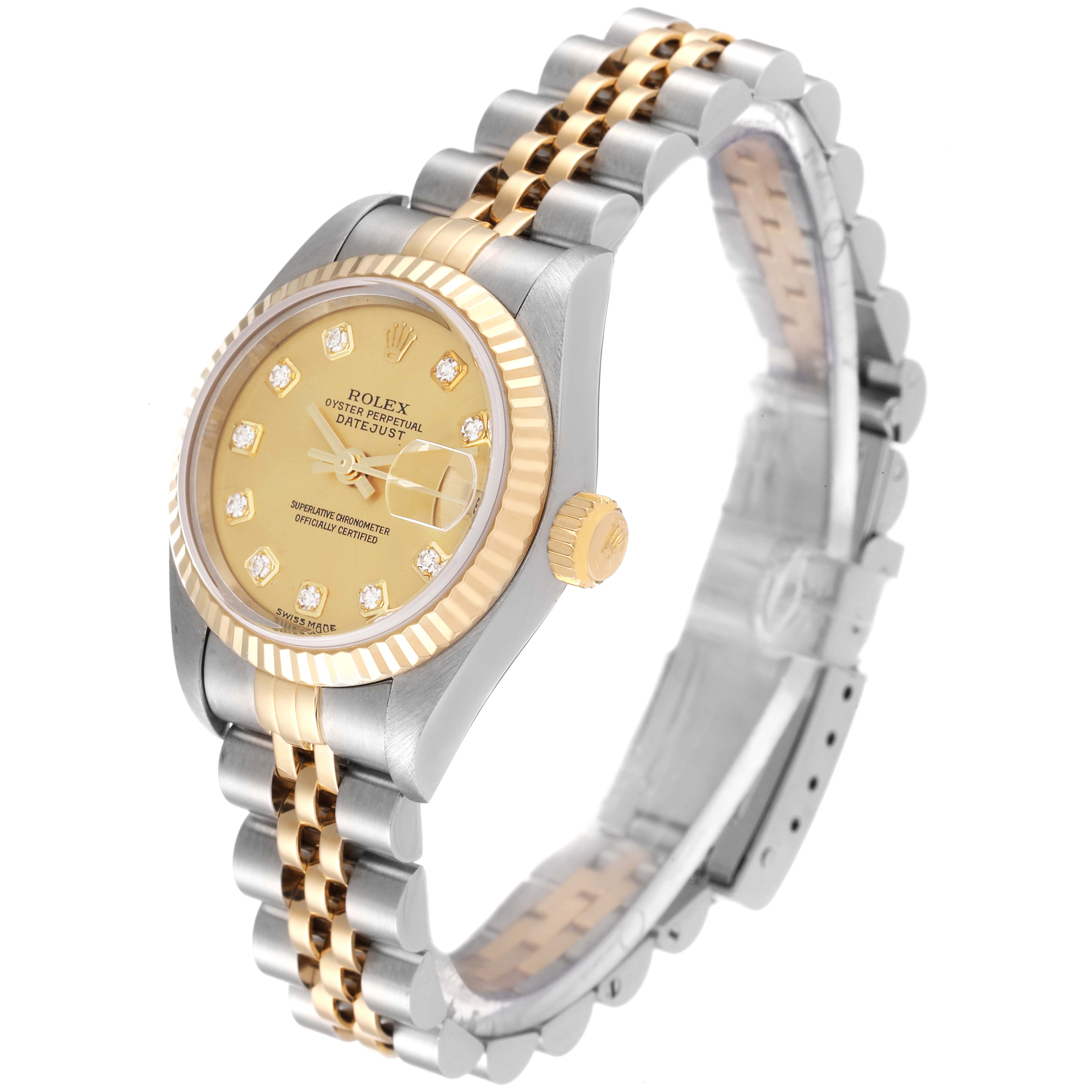 This image shows a Rolex Datejust 79173 Women's Steel and Gold (two tone) Champagne Dial 79173 Women's Steel and Gold (two tone) Champagne Dial watch at a three-quarter view, highlighting its dial, bezel, and bracelet.