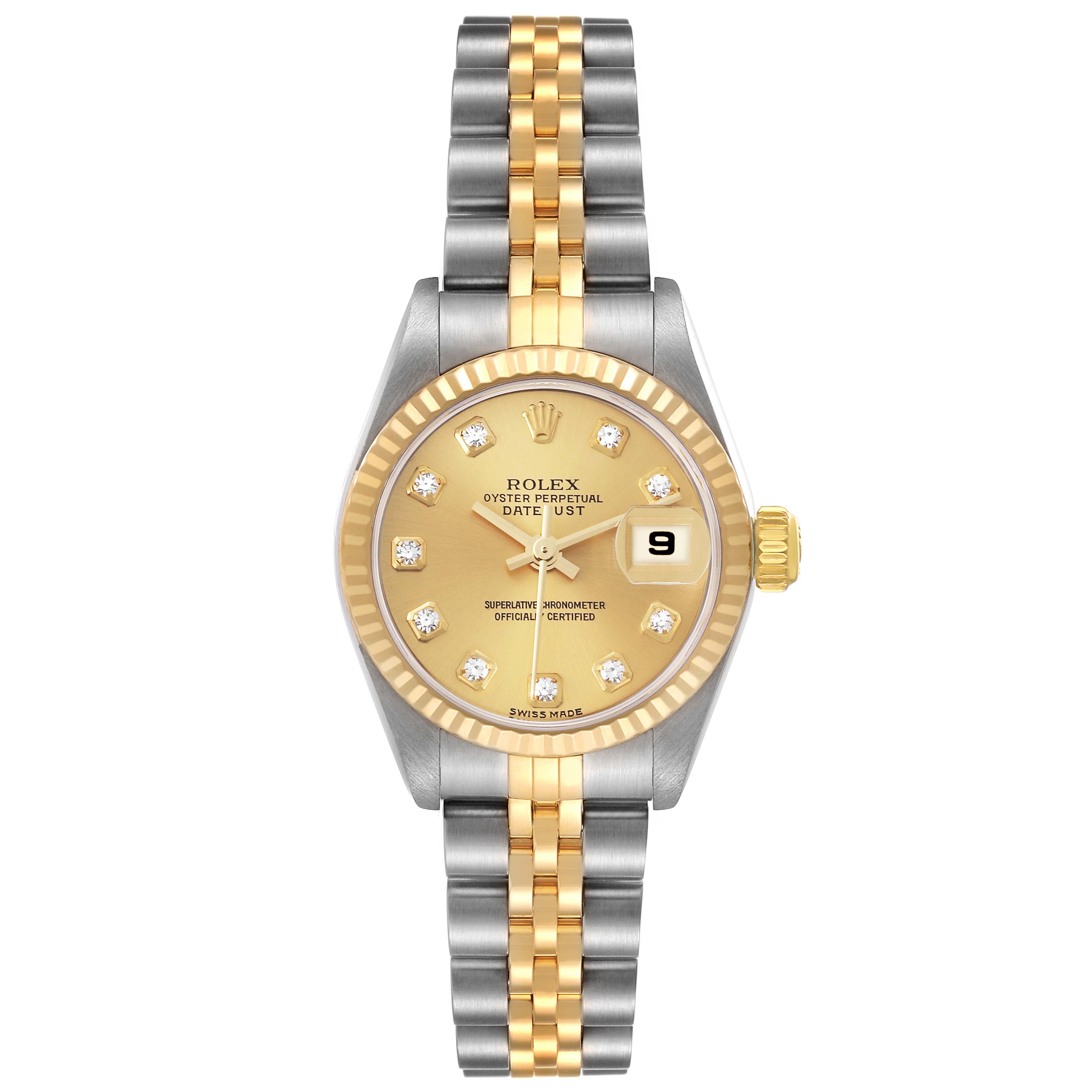 This image shows a front view of a Rolex Datejust 79173 Women's Steel and Gold (two tone) Champagne Dial 79173 Women's Steel and Gold (two tone) Champagne Dial watch featuring a two-tone metal bracelet, gold-colored dial, and a date window at 3 o'clock.