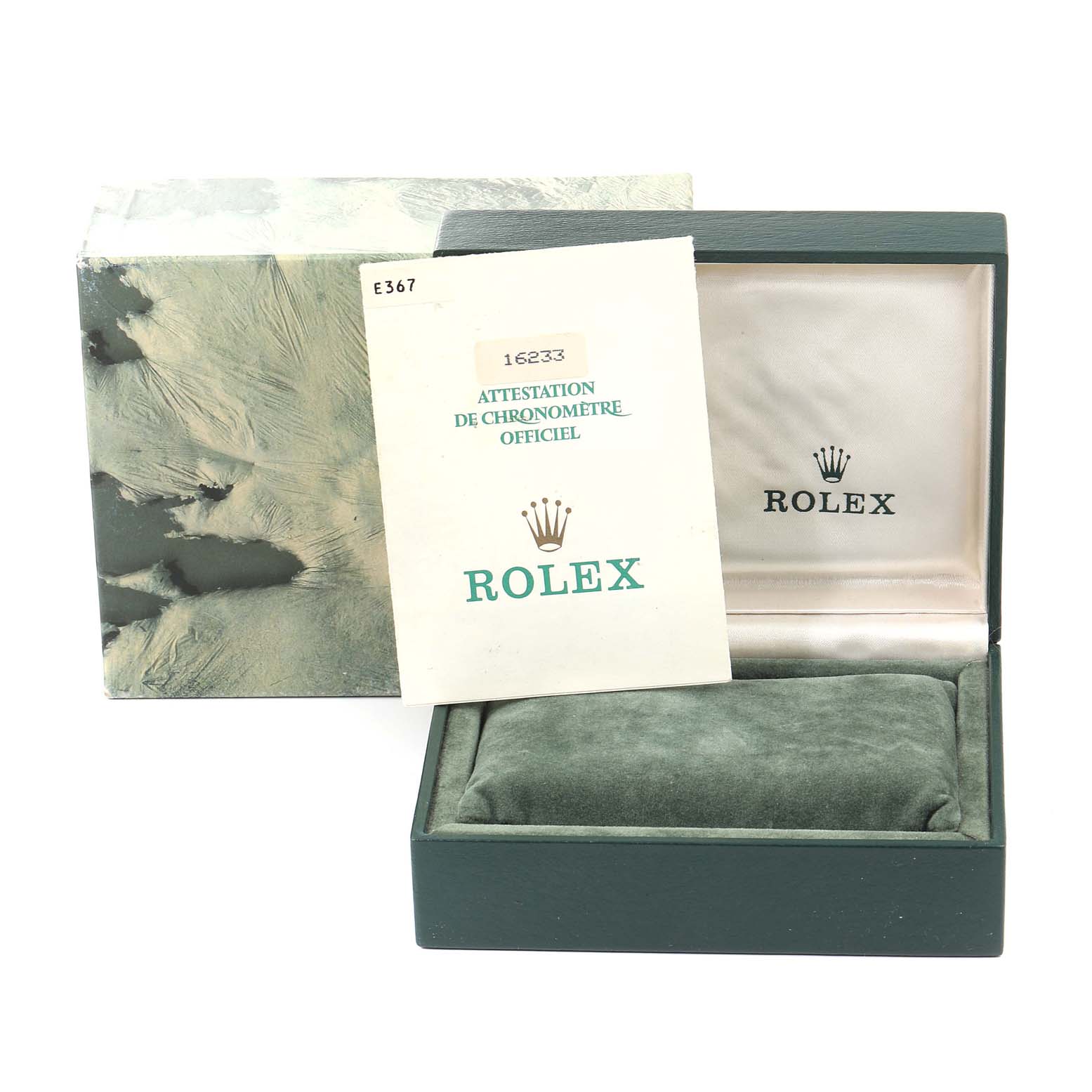 This image shows a Rolex Datejust 16233 Men's Steel and Gold (two tone) Champagne Dial 16233 Men's Steel and Gold (two tone) Champagne Dial watch box with its outer box and official certification booklet.