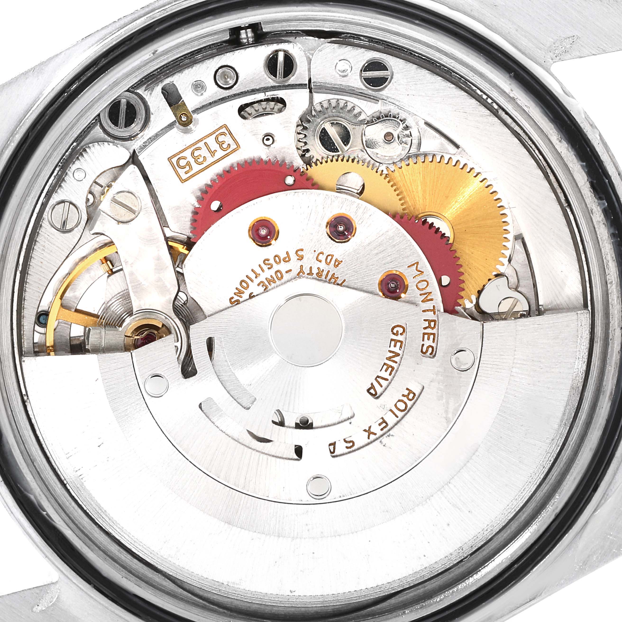 This image shows the inner mechanical movement of a Rolex Datejust 16233 Men's Steel and Gold (two tone) Champagne Dial 16233 Men's Steel and Gold (two tone) Champagne Dial watch, highlighting the gears and rotor from a back angle.