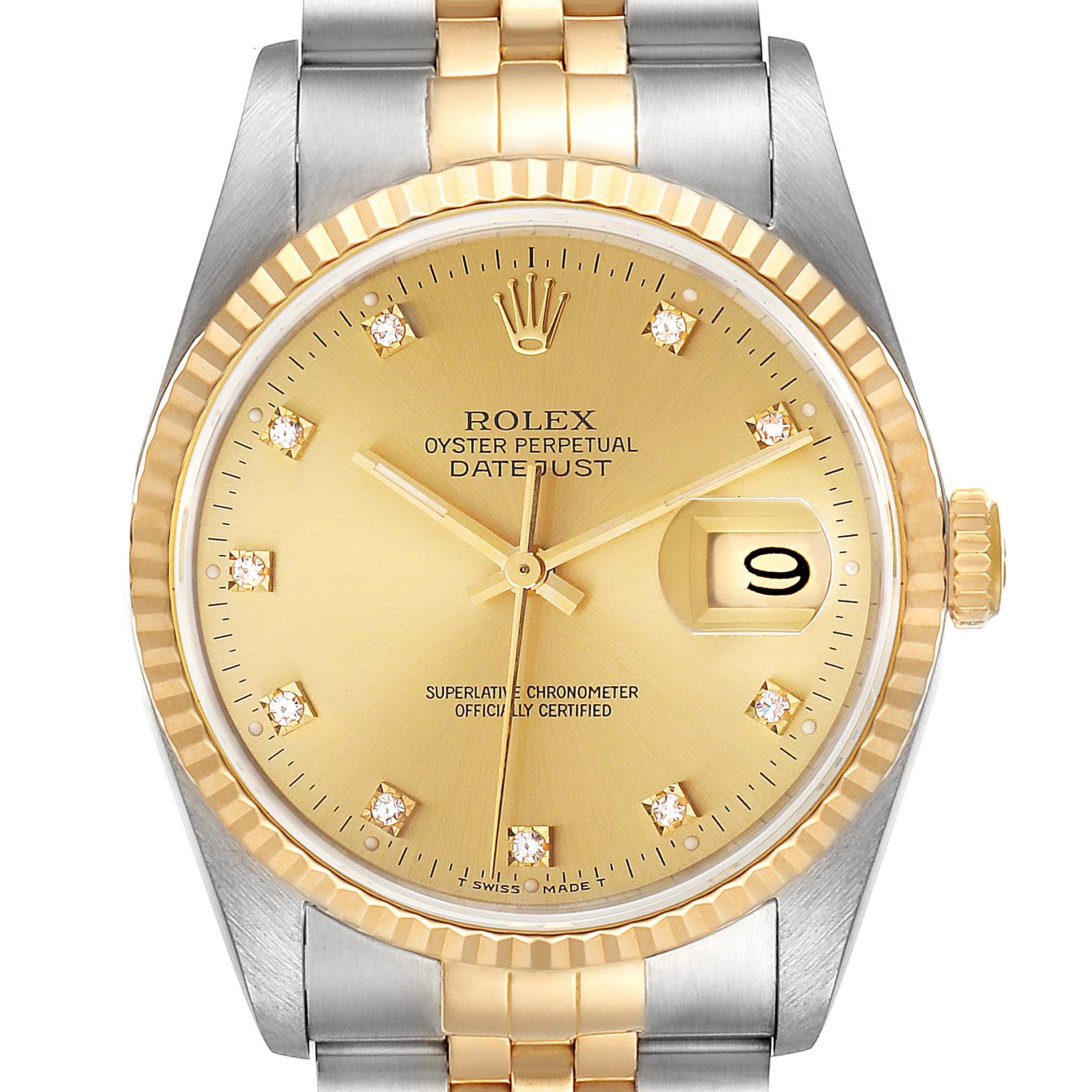 The image shows a close-up front view of the Rolex Datejust 16233 Men's Steel and Gold (two tone) Champagne Dial 16233 Men's Steel and Gold (two tone) Champagne Dial watch, highlighting its gold dial, fluted bezel, and two-tone bracelet.