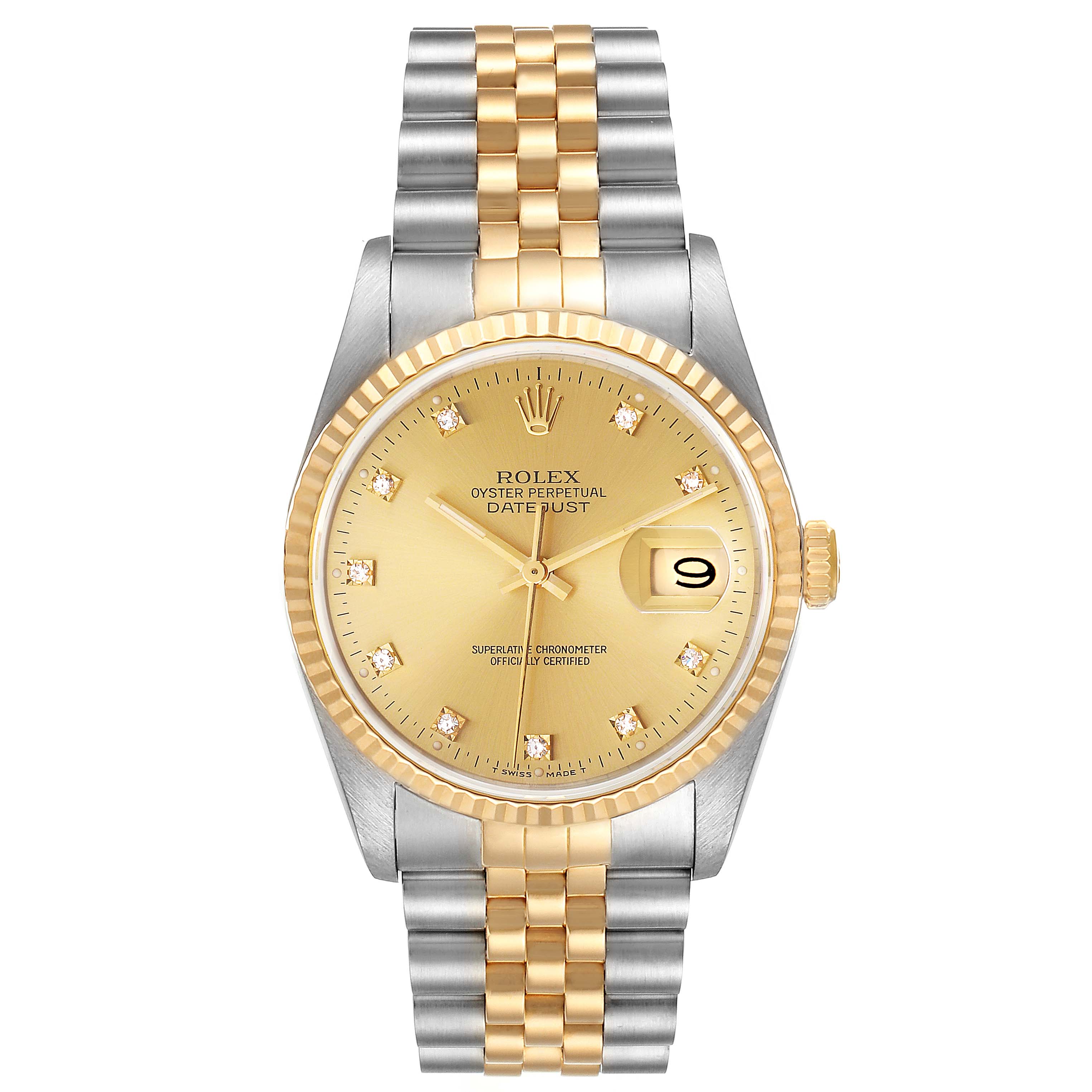 This image shows a front view of a Rolex Datejust 16233 Men's Steel and Gold (two tone) Champagne Dial 16233 Men's Steel and Gold (two tone) Champagne Dial watch, highlighting the dial, bezel, and bracelet.