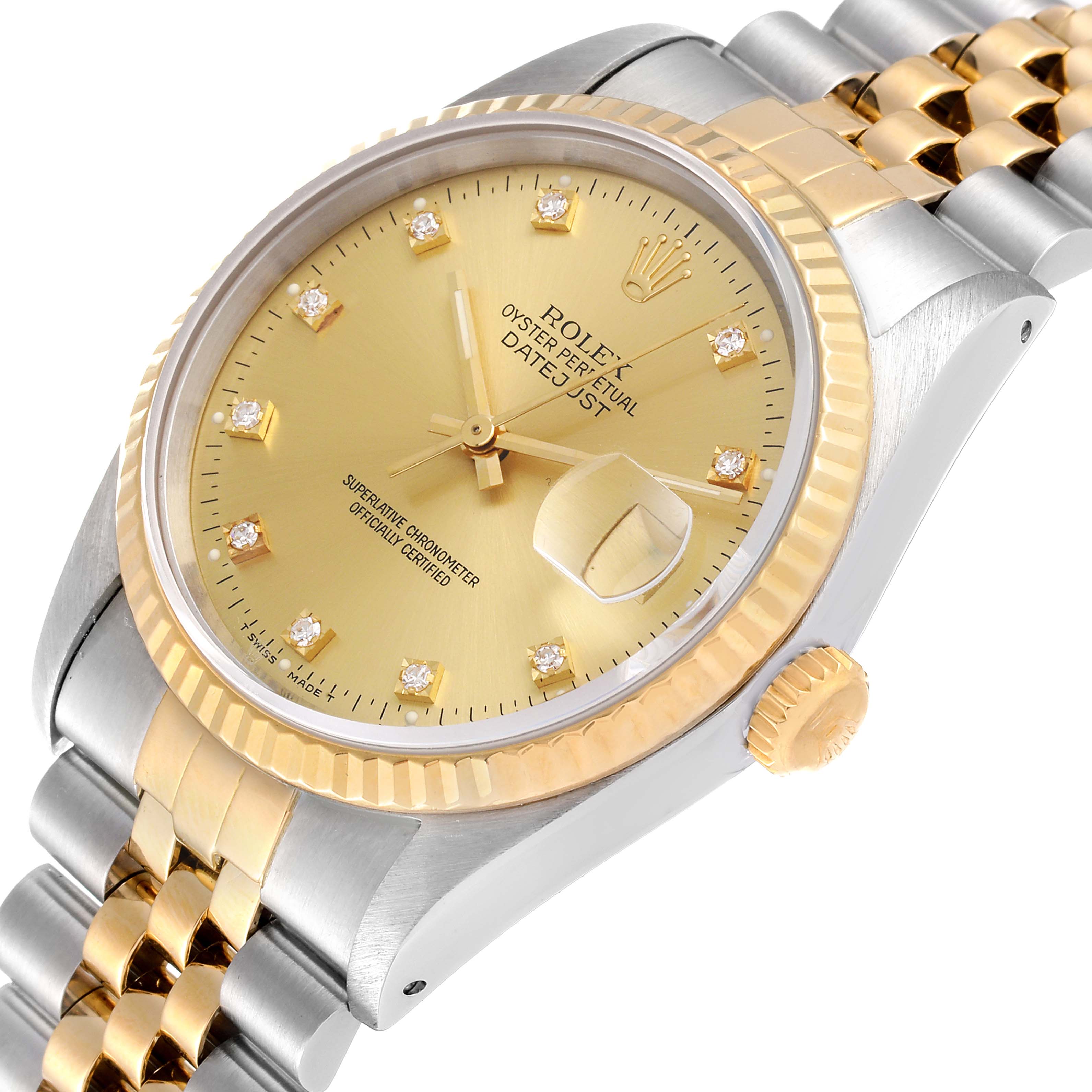 This image shows the face, bezel, crown, and part of the bracelet of the Rolex Datejust 16233 Men's Steel and Gold (two tone) Champagne Dial 16233 Men's Steel and Gold (two tone) Champagne Dial watch at an oblique angle.