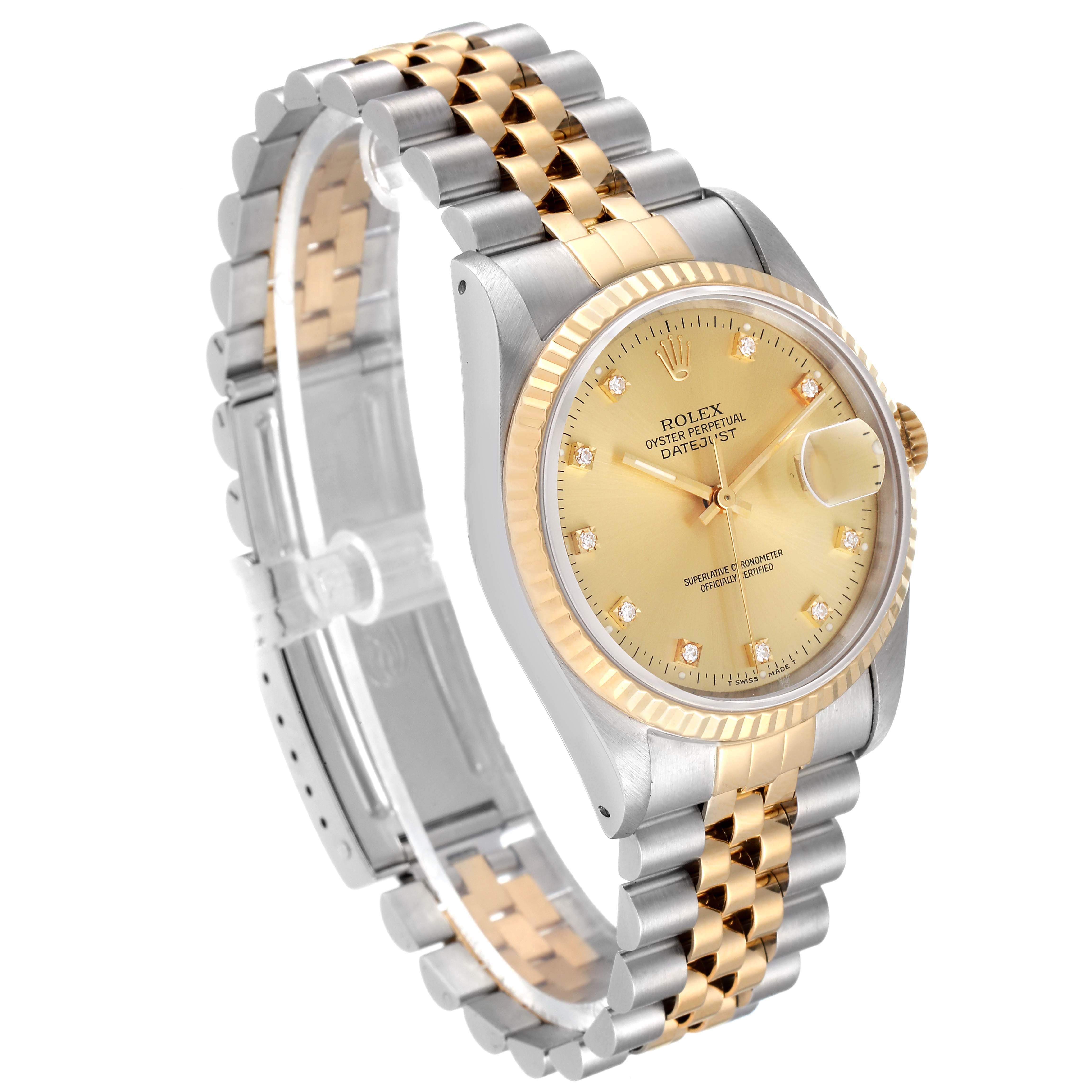 This image shows a Rolex Datejust 16233 Men's Steel and Gold (two tone) Champagne Dial 16233 Men's Steel and Gold (two tone) Champagne Dial watch at a three-quarter angle, displaying its gold and silver two-tone bracelet and champagne-colored dial.