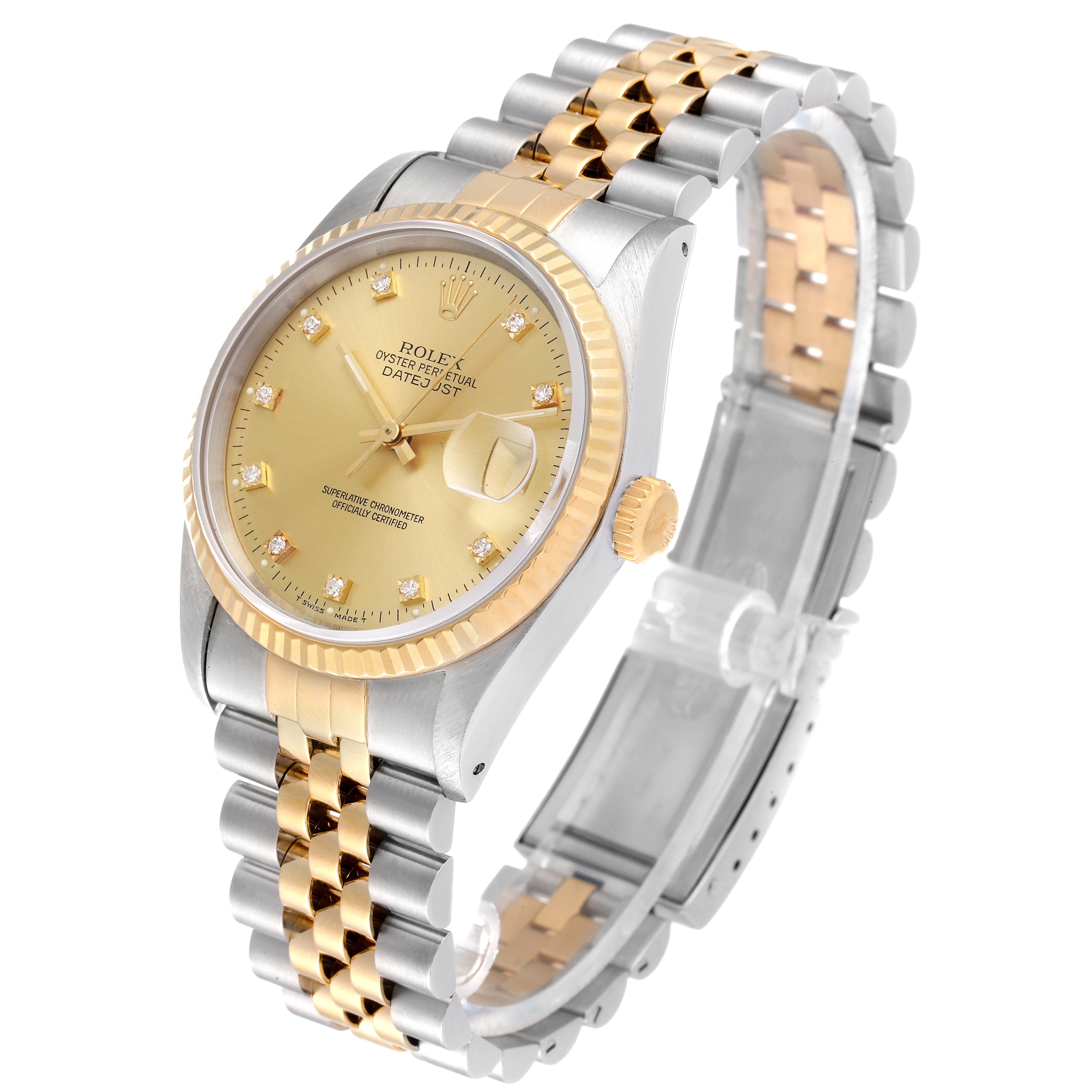 The Rolex Datejust 16233 Men's Steel and Gold (two tone) Champagne Dial 16233 Men's Steel and Gold (two tone) Champagne Dial watch is displayed at a three-quarter angle, showing the dial, bezel, crown, and two-tone bracelet.