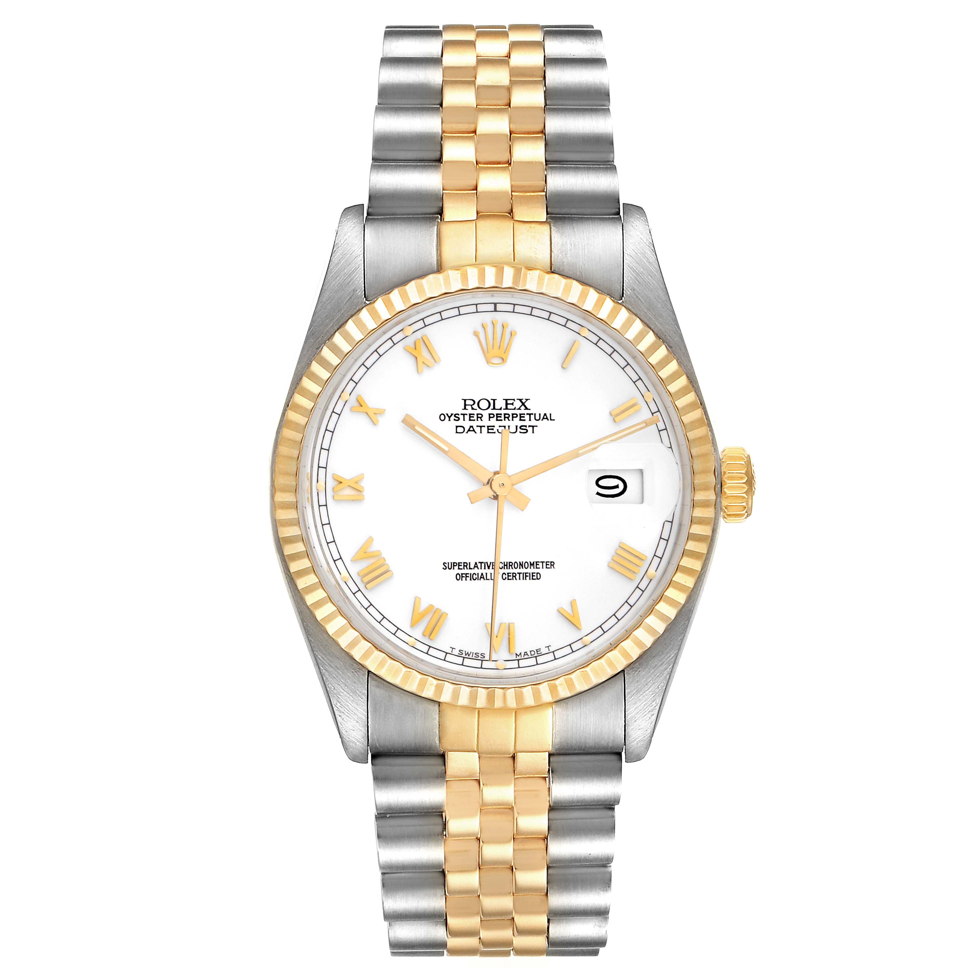 The Rolex Vintage Collection 16013 Men's Steel and Gold (two tone) White Dial 16013 Men's Steel and Gold (two tone) White Dial model watch is shown from a front angle, displaying its dial, bezel, and two-tone bracelet.