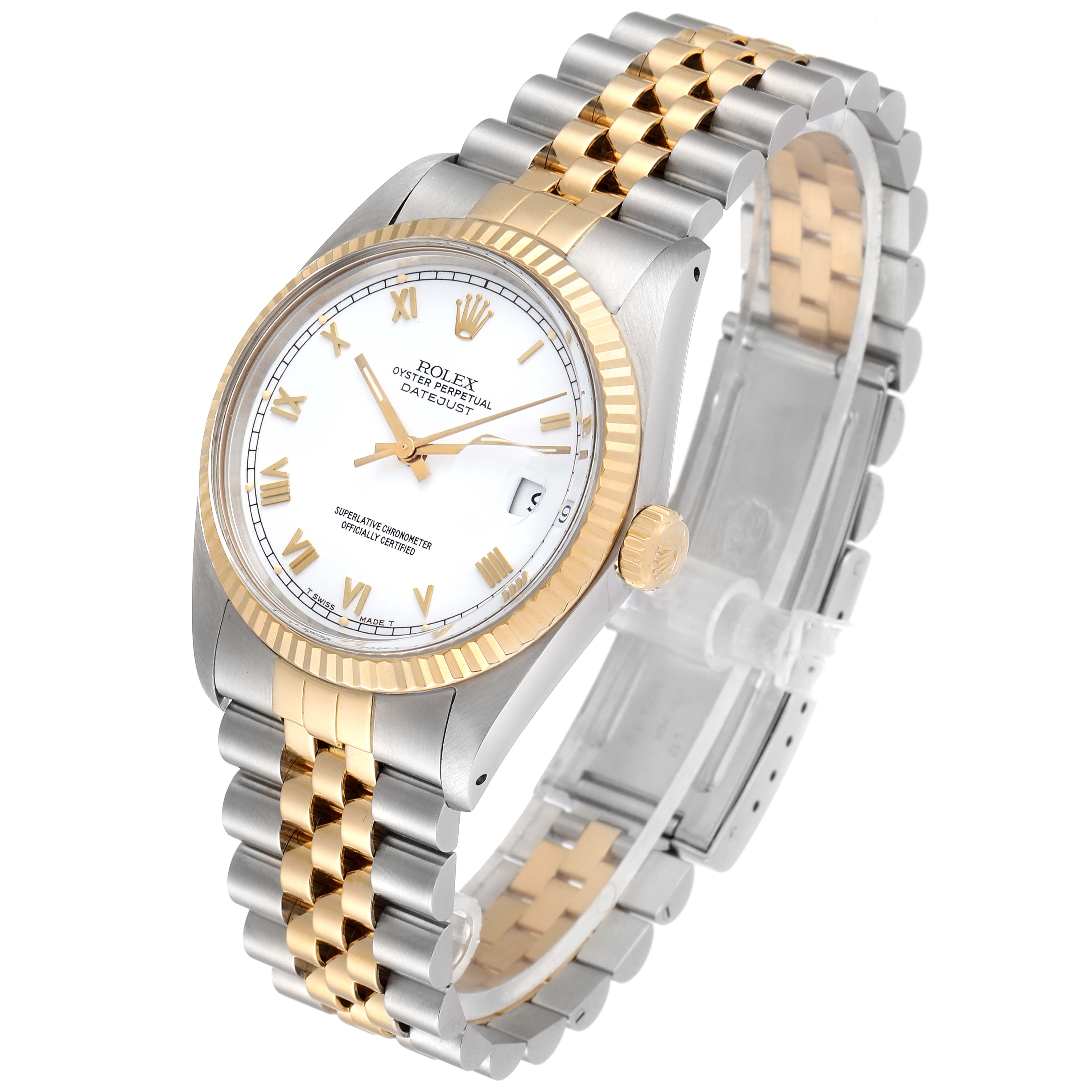 The image shows a side angle of a Rolex Vintage Collection 16013 Men's Steel and Gold (two tone) White Dial 16013 Men's Steel and Gold (two tone) White Dial watch, highlighting the case, bezel, dial, crown, and bracelet.