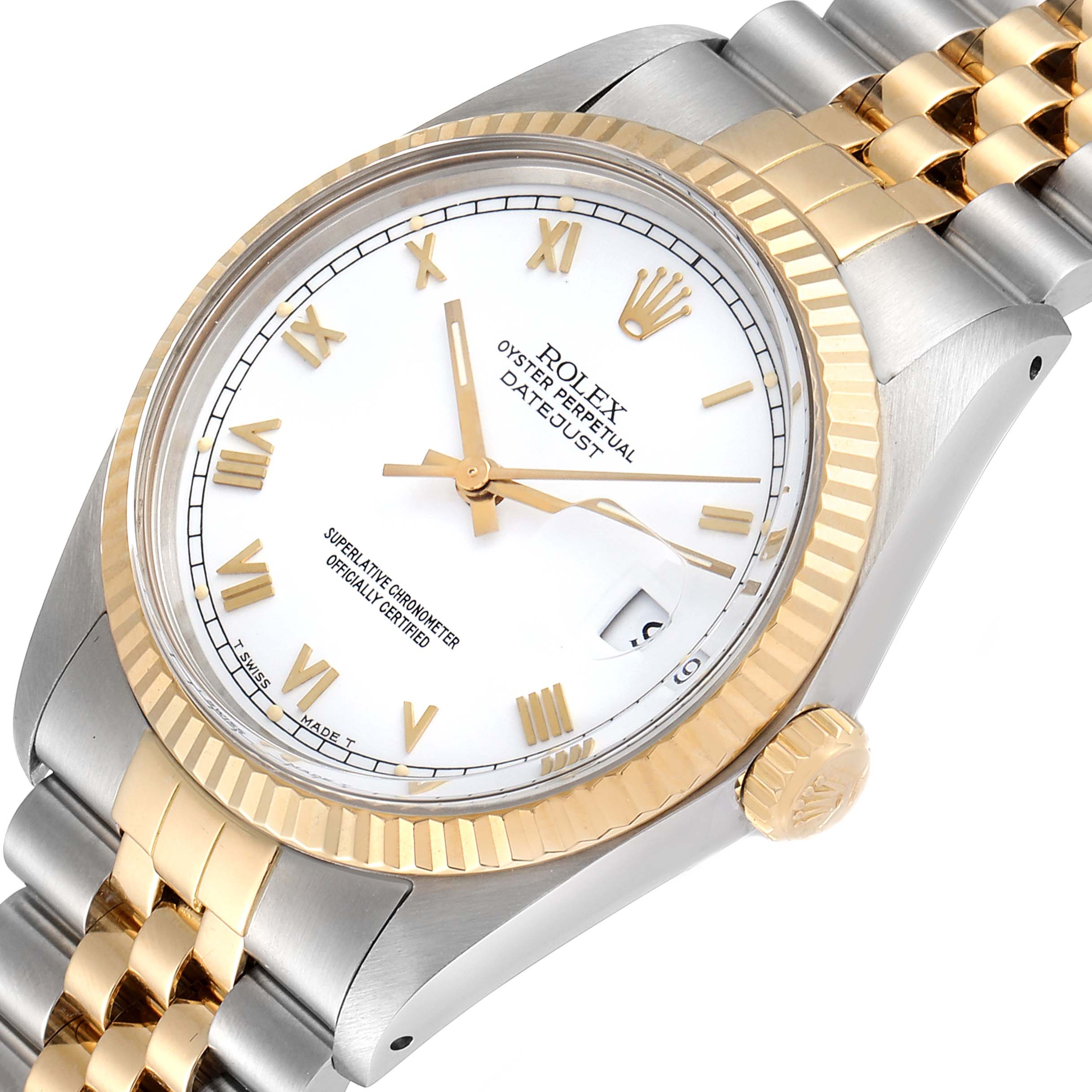 The image shows a close-up, angled view of the Rolex Vintage Collection 16013 Men's Steel and Gold (two tone) White Dial 16013 Men's Steel and Gold (two tone) White Dial model, highlighting the dial, bezel, crown, and bracelet.