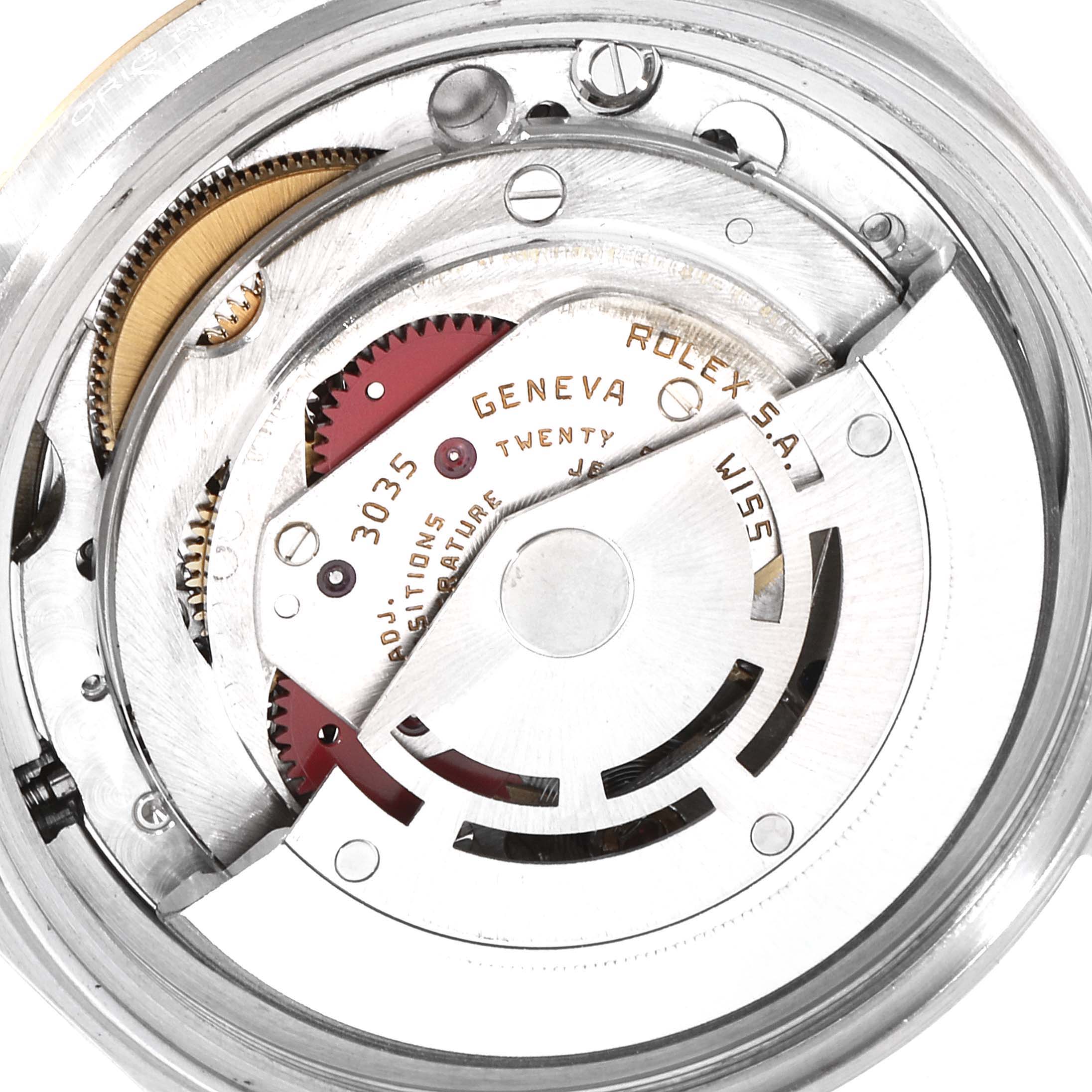 This angle shows the inner mechanical movement of the Rolex Vintage Collection 16013 Men's Steel and Gold (two tone) White Dial 16013 Men's Steel and Gold (two tone) White Dial model, including gears and the Geneva markings.