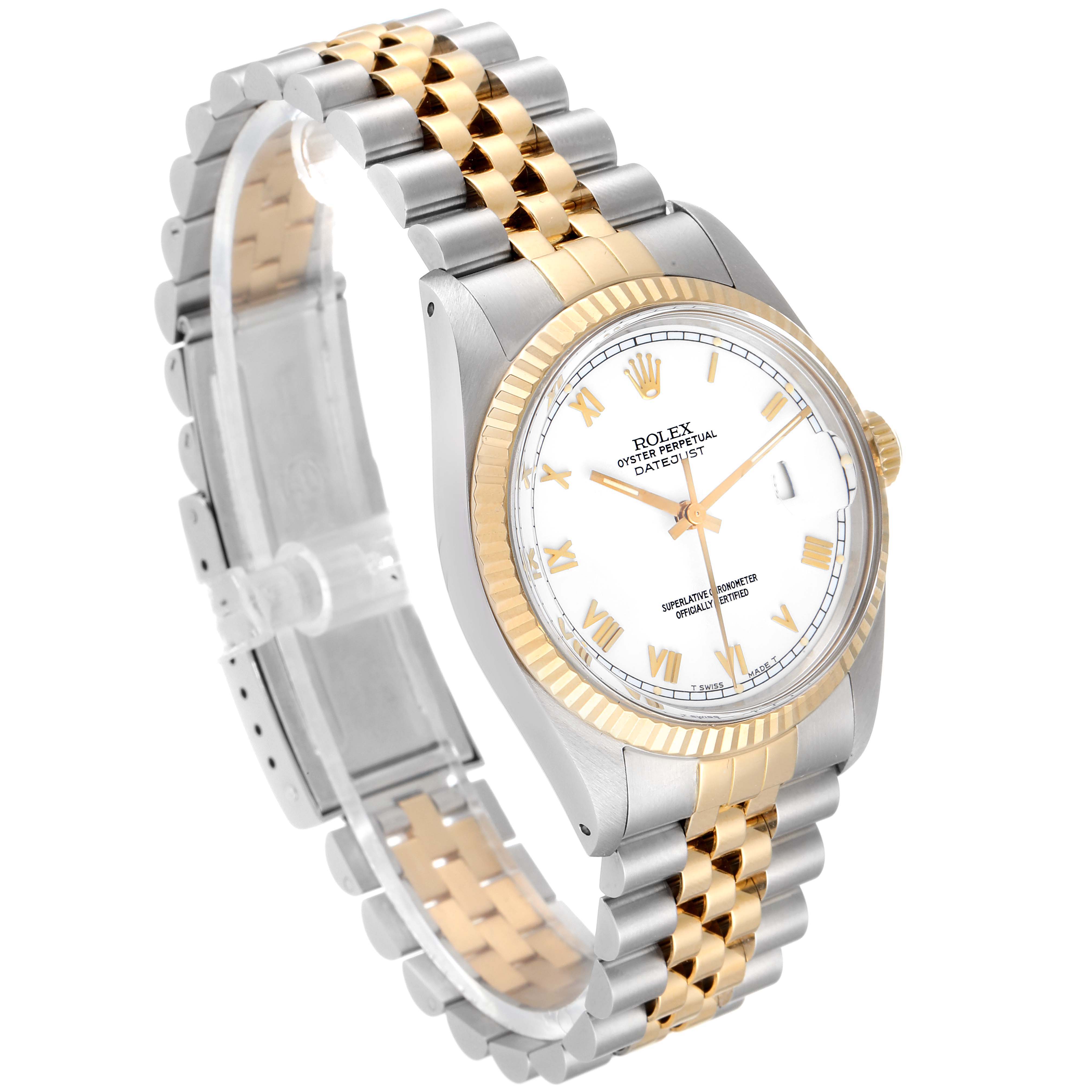 The Rolex Vintage Collection 16013 Men's Steel and Gold (two tone) White Dial 16013 Men's Steel and Gold (two tone) White Dial model is shown at an angled view, featuring the watch face, bezel, and two-tone bracelet.