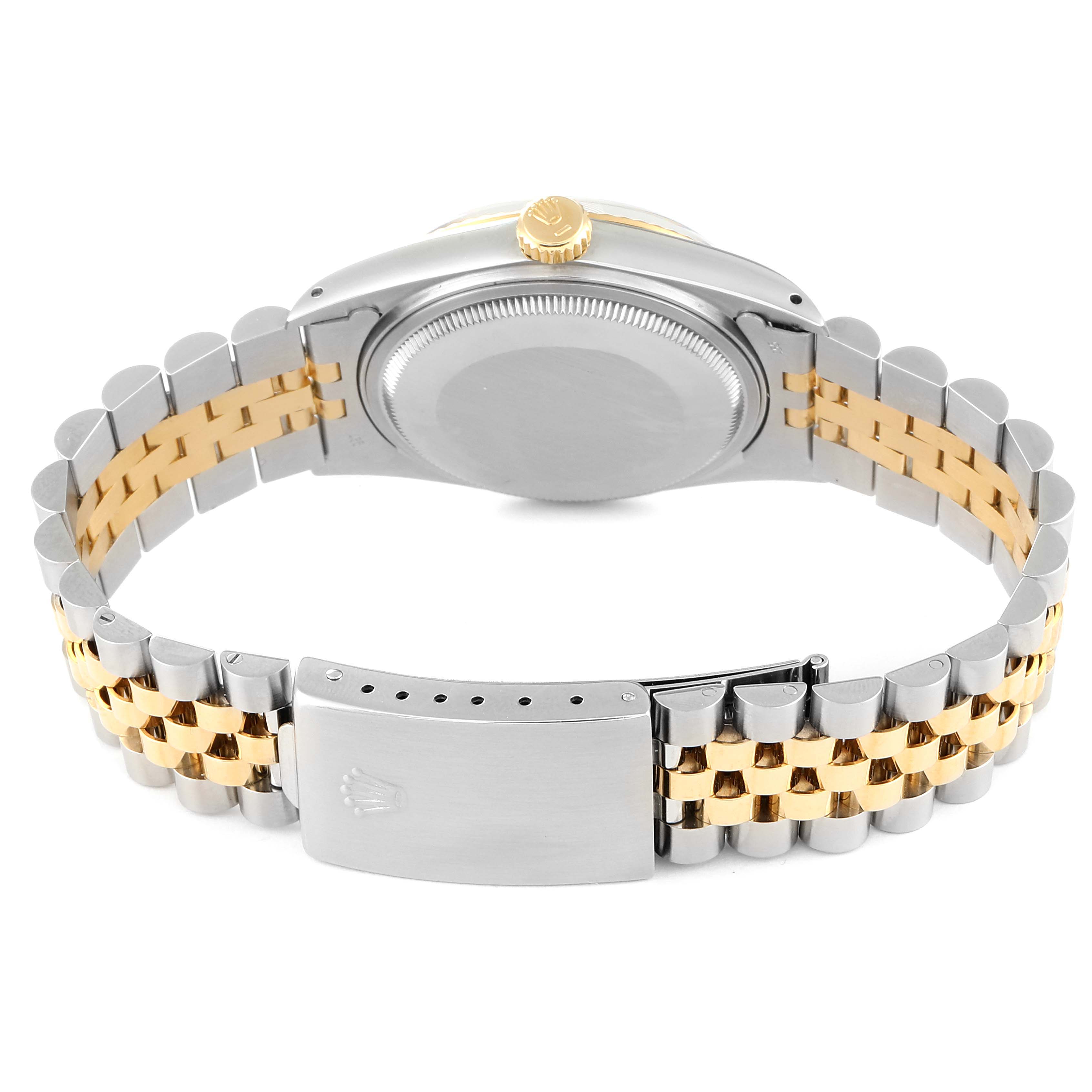 This image shows the back view, clasp, and bracelet of the Rolex Vintage Collection 16013 Men's Steel and Gold (two tone) White Dial 16013 Men's Steel and Gold (two tone) White Dial watch.