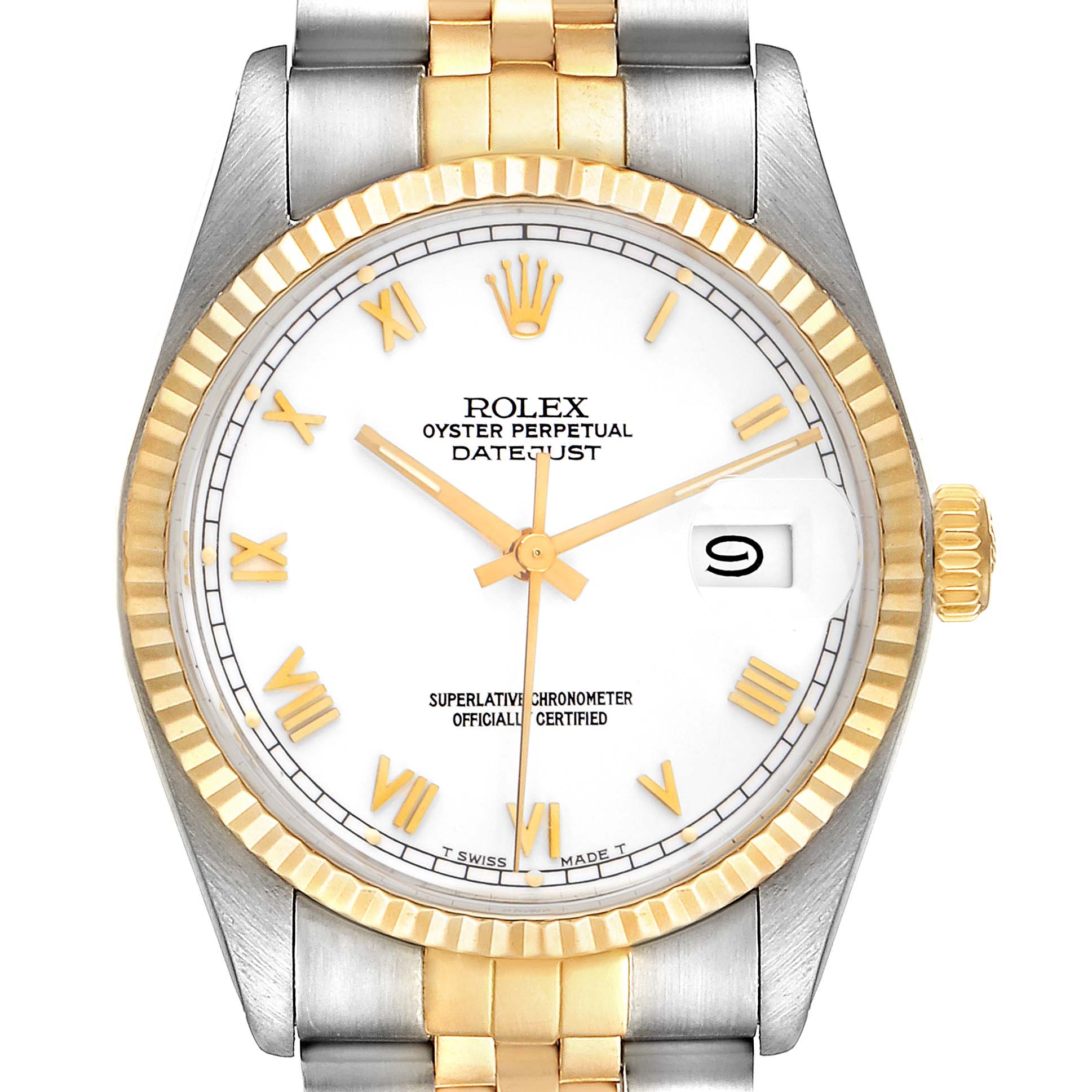 The image shows a Rolex Vintage Collection 16013 Men's Steel and Gold (two tone) White Dial 16013 Men's Steel and Gold (two tone) White Dial Datejust model from a front angle, highlighting the face, bezel, and part of the band.