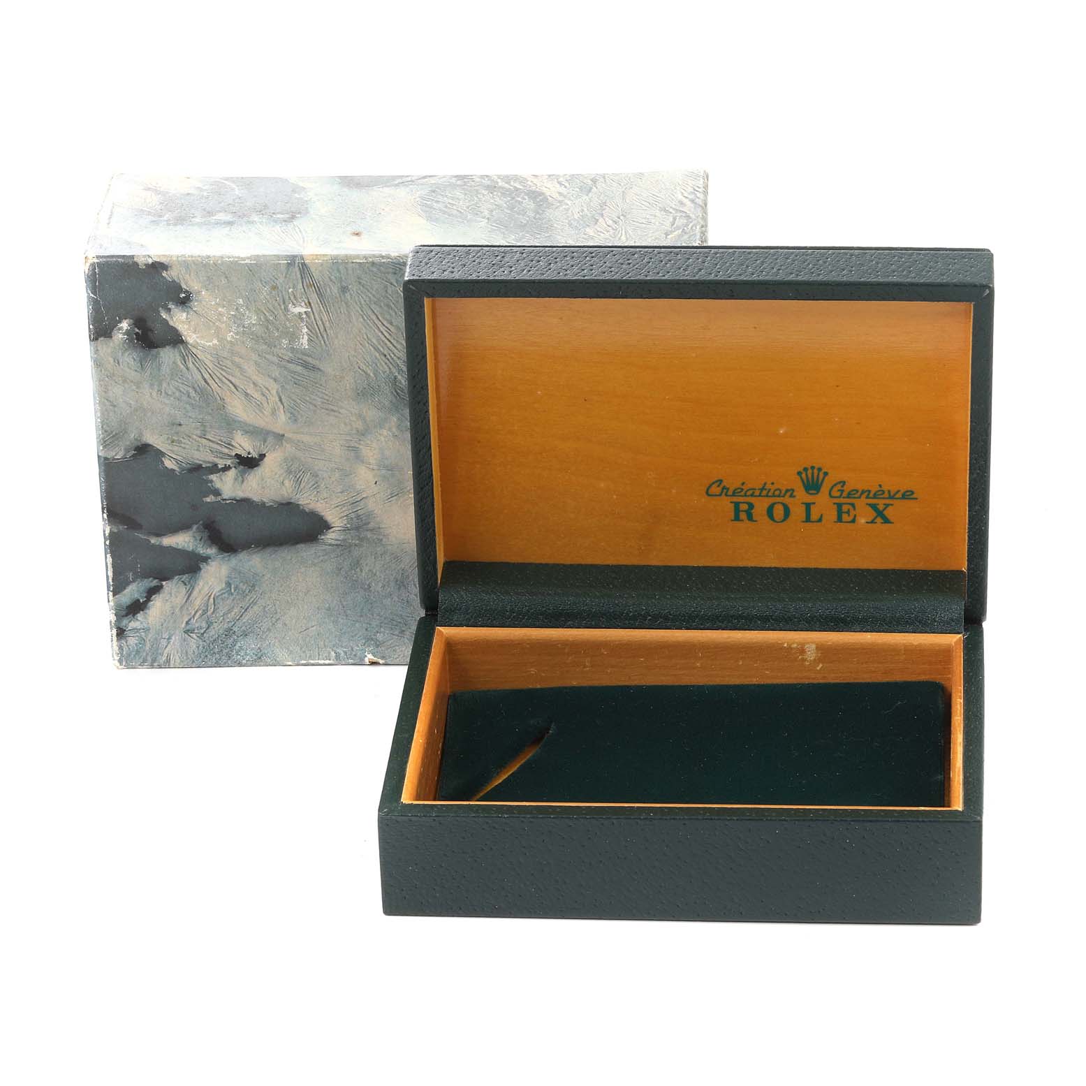 This image shows an open wooden Rolex watch box from the Vintage Collection, with the lid and interior visible.