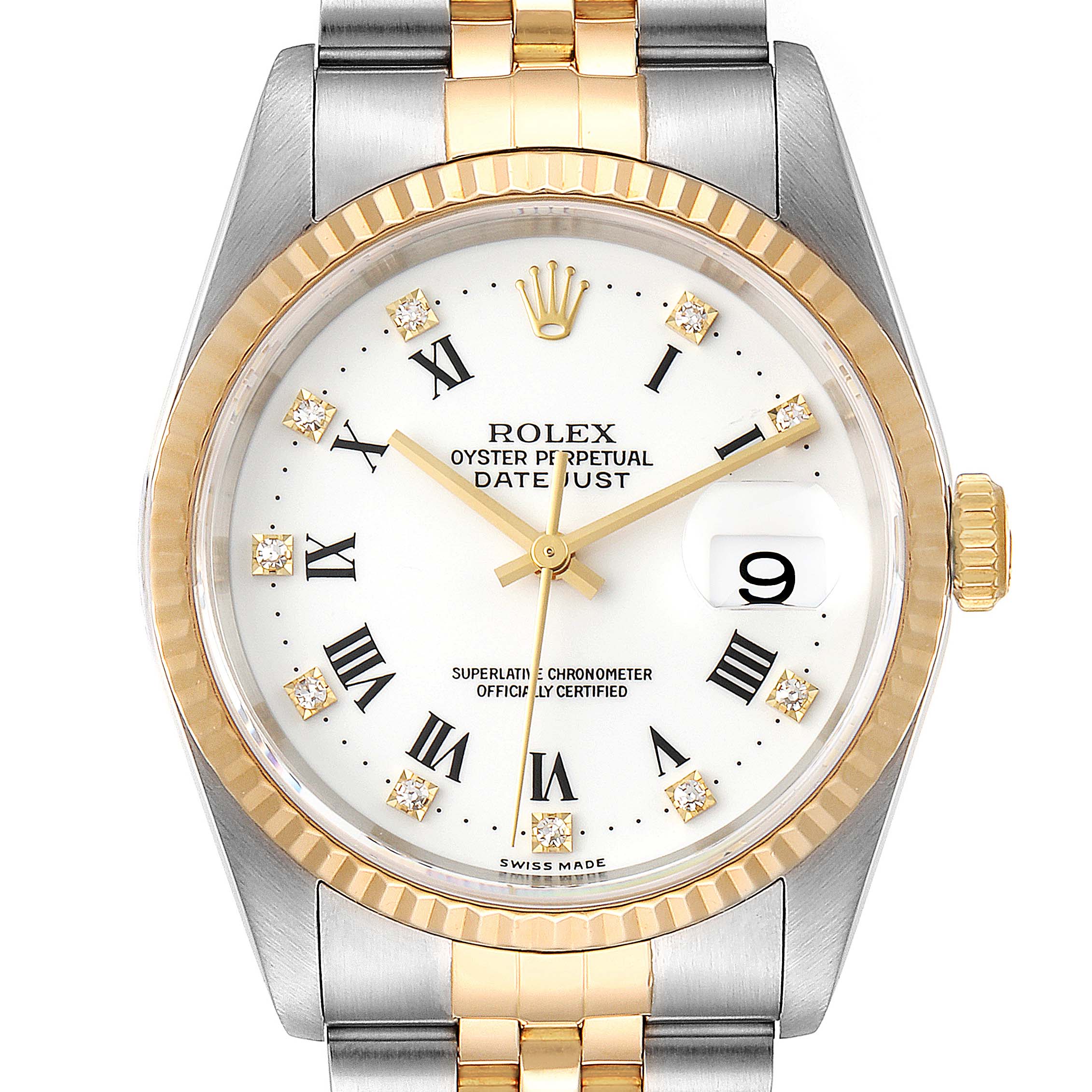 The image shows a front view of a Rolex Datejust 16233 Men's Steel and Gold (two tone) White Dial 16233 Men's Steel and Gold (two tone) White Dial watch, highlighting its dial, bezel, crown, and the top part of the bracelet.