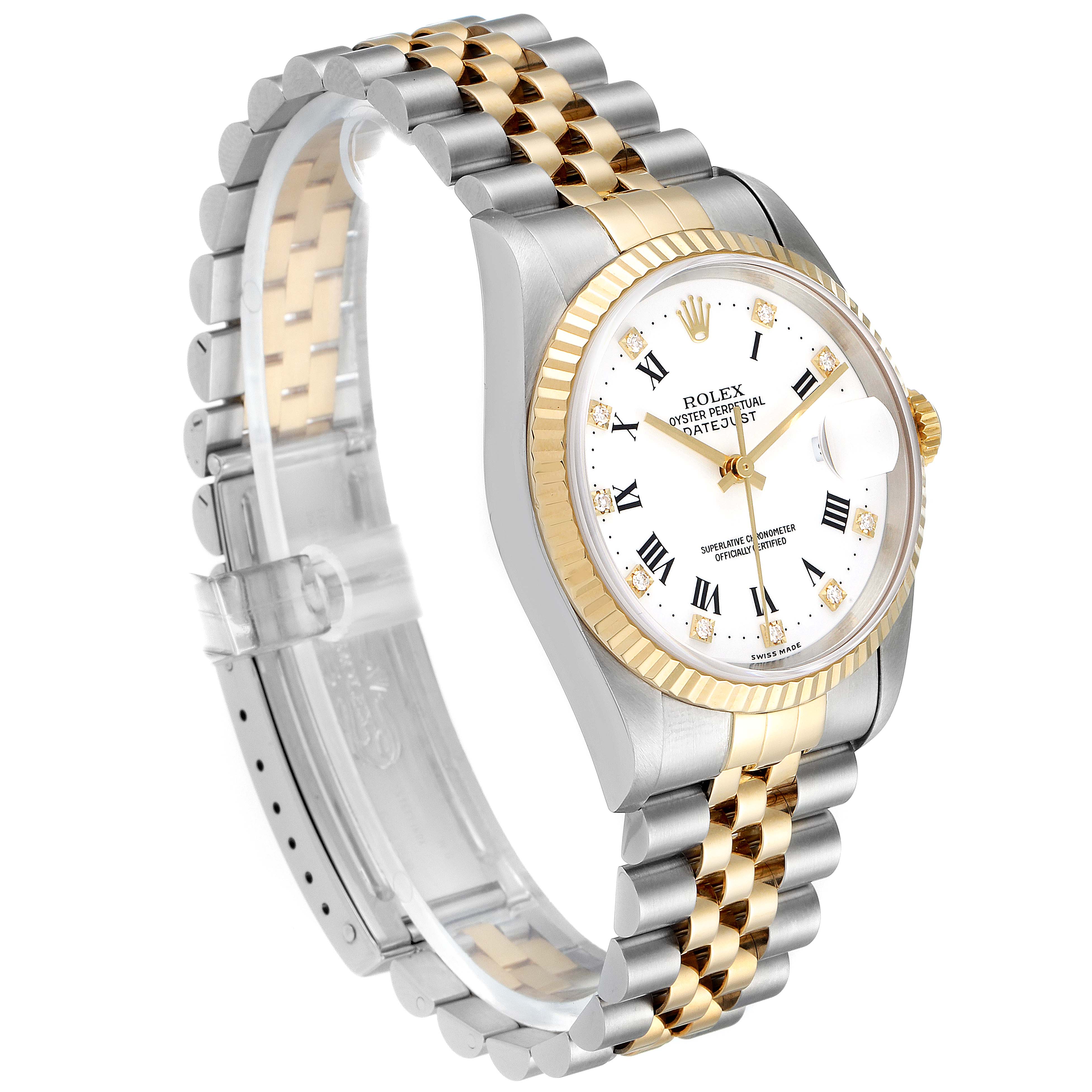 The image shows a Rolex Datejust 16233 Men's Steel and Gold (two tone) White Dial 16233 Men's Steel and Gold (two tone) White Dial watch at a 3/4 angle, highlighting the dial, bezel, and two-tone bracelet.
