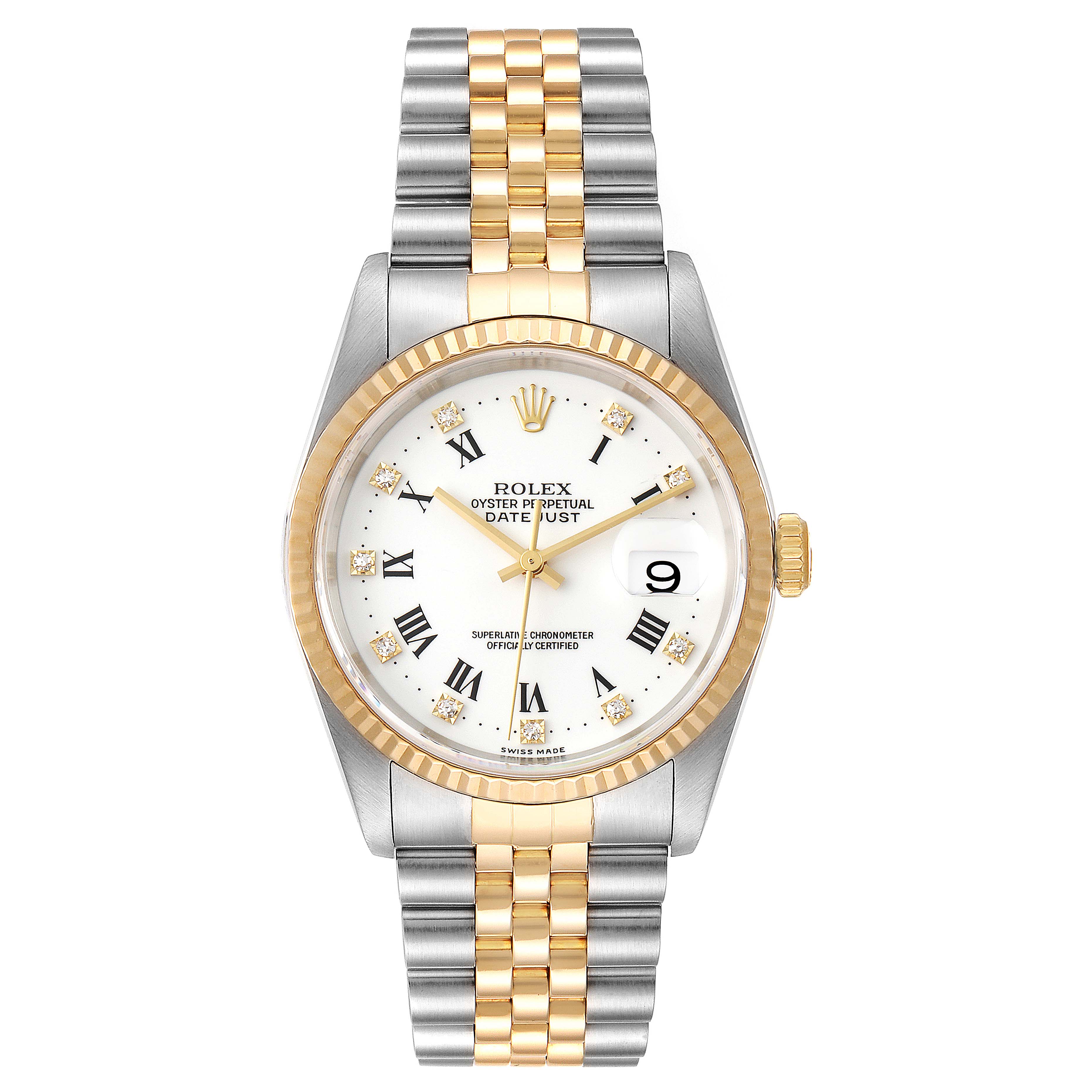 This image shows a front view of the Rolex Datejust 16233 Men's Steel and Gold (two tone) White Dial 16233 Men's Steel and Gold (two tone) White Dial watch featuring its dial, bezel, and two-tone bracelet.