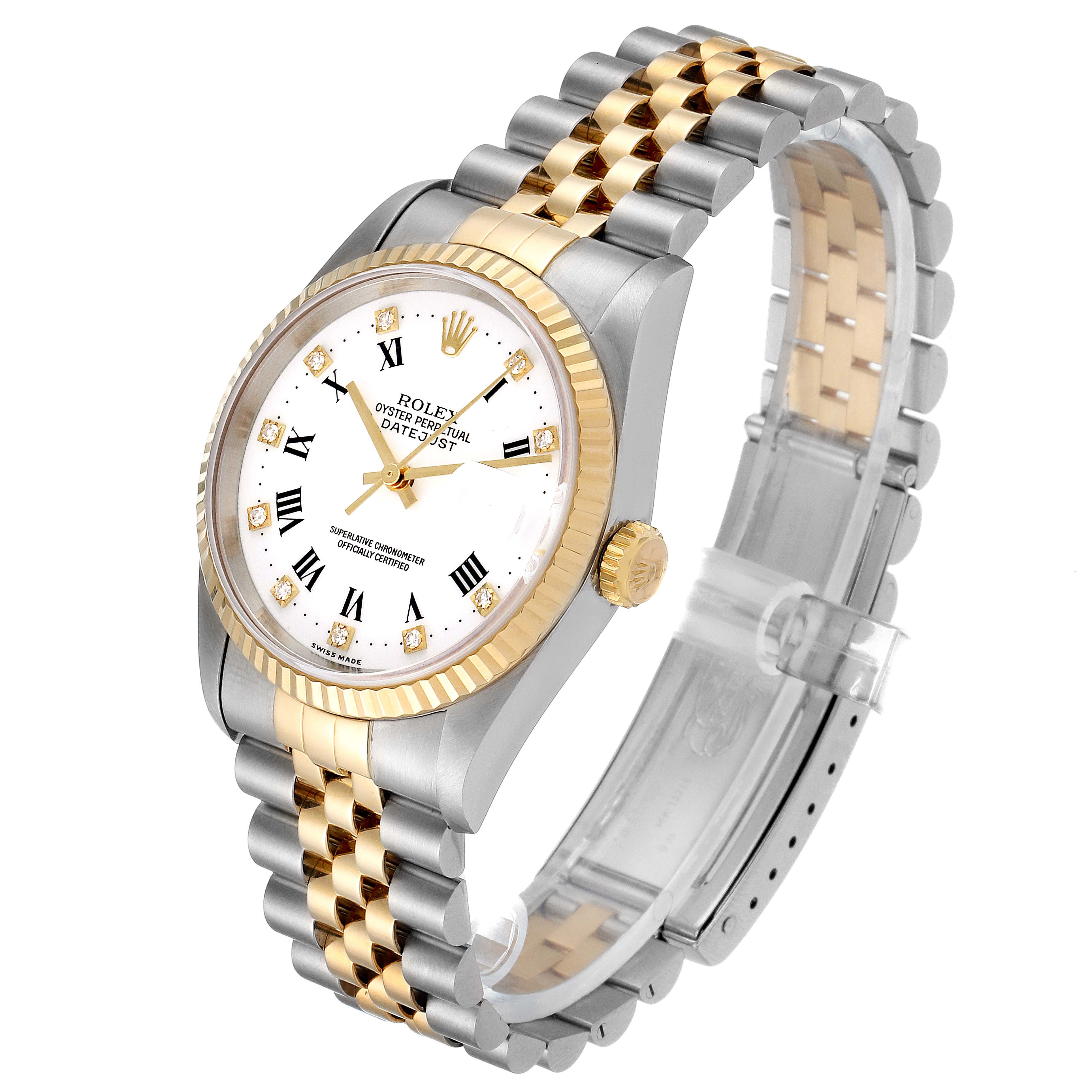 The Rolex Datejust 16233 Men's Steel and Gold (two tone) White Dial 16233 Men's Steel and Gold (two tone) White Dial watch is shown at a slight angle, displaying the face, bezel, crown, and Jubilee bracelet.