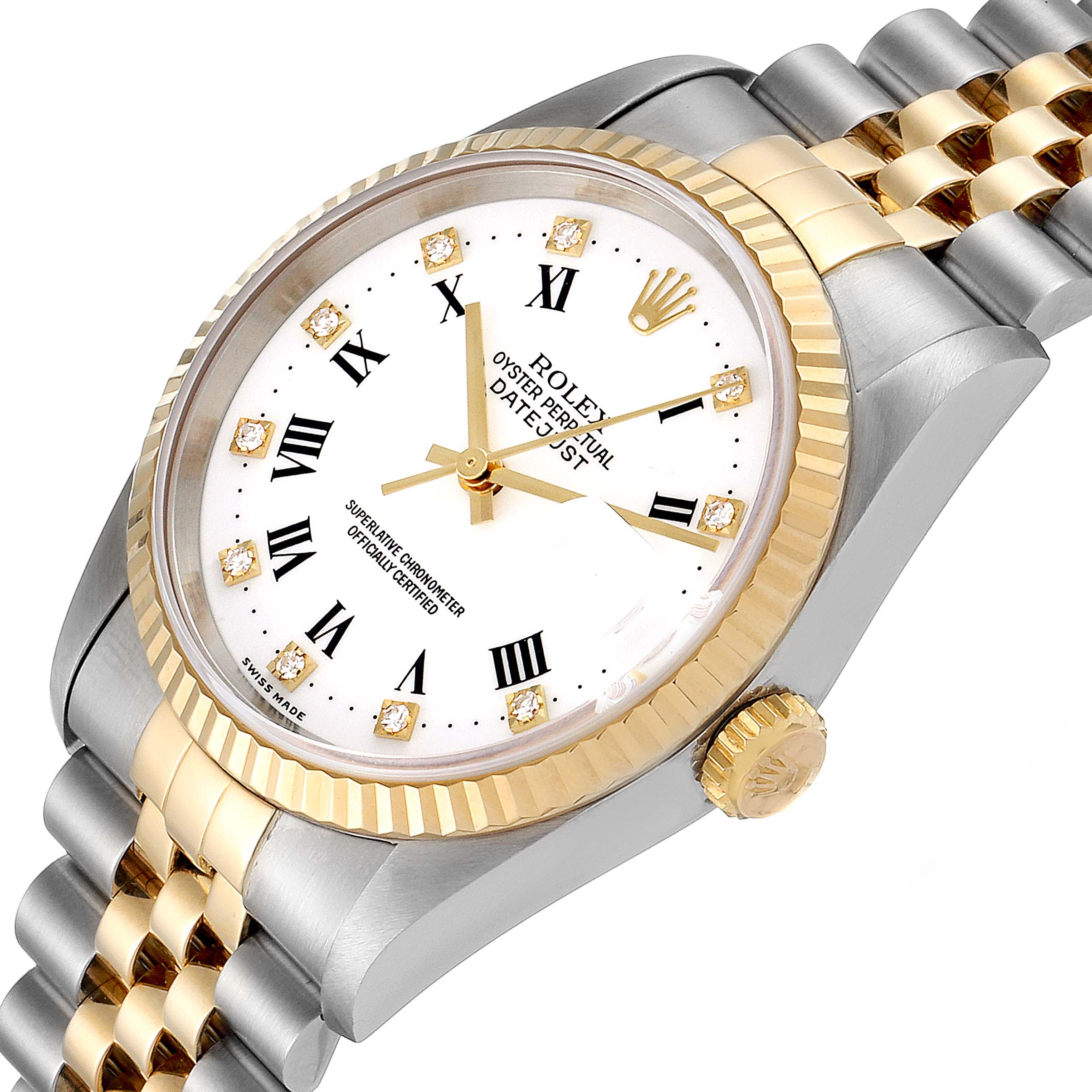 The image shows a Rolex Datejust 16233 Men's Steel and Gold (two tone) White Dial 16233 Men's Steel and Gold (two tone) White Dial watch angled from the top-right, highlighting the dial, bezel, crown, and bracelet.