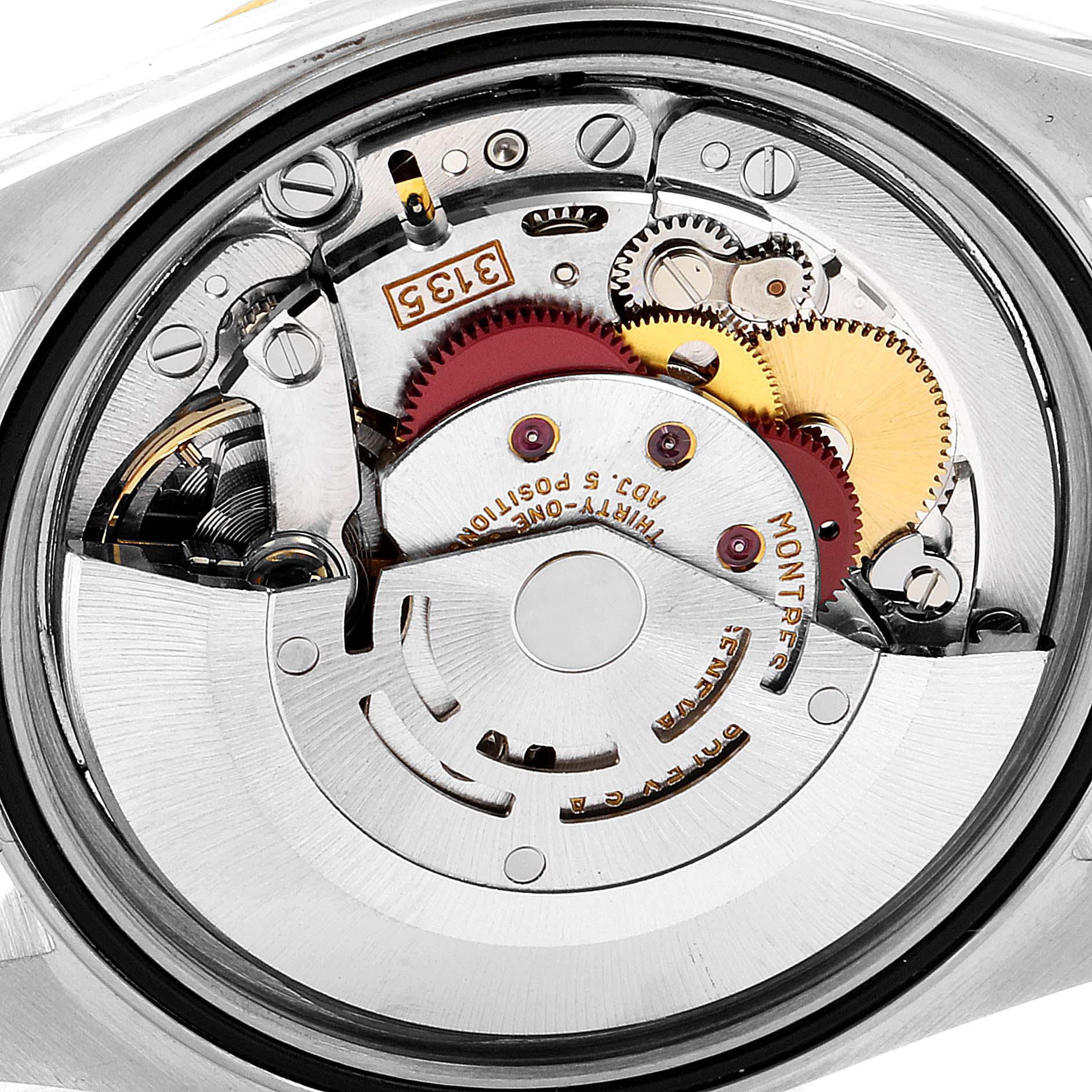 This image shows the back view of the Rolex Datejust 16233 Men's Steel and Gold (two tone) White Dial 16233 Men's Steel and Gold (two tone) White Dial's internal mechanical movement components.