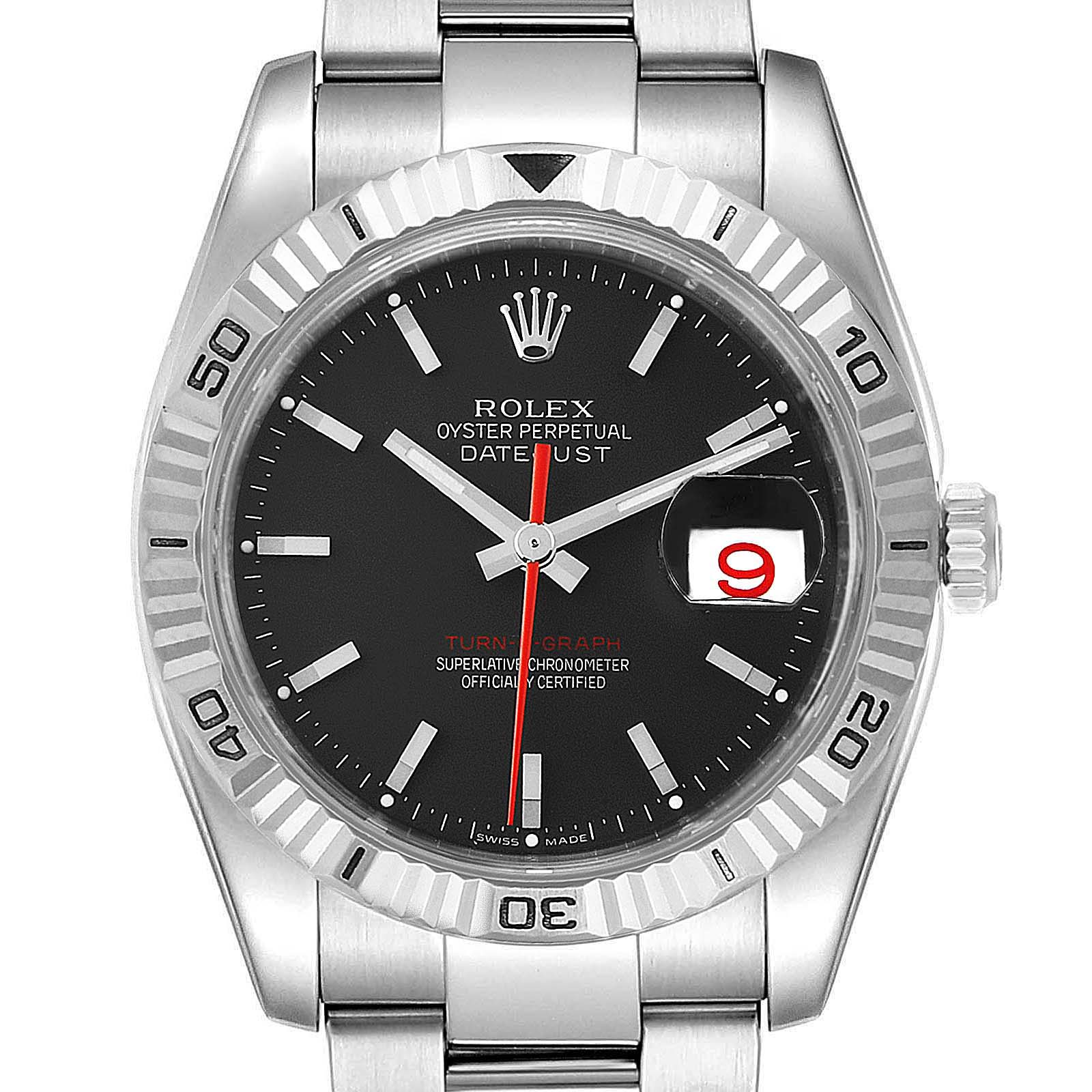 This image shows a front view of a Rolex Turn-o-Graph 116264 Men
s Stainless Steel Black Dial 116264 Men
s Stainless Steel Black Dial watch featuring its black dial, fluted bezel, and date display with a cyclops lens.