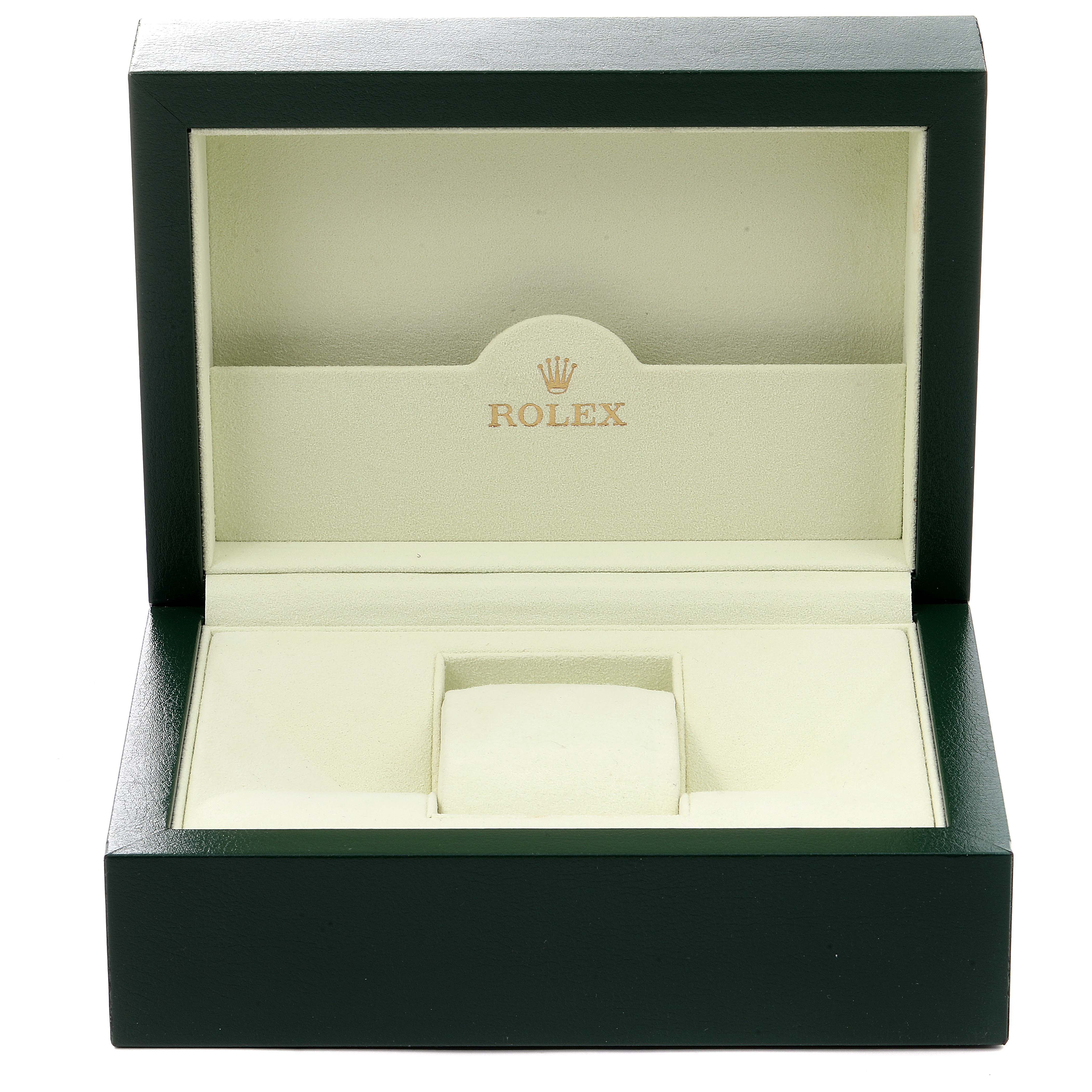 The image shows an open, empty Rolex Turn-o-Graph 116264 Men
s Stainless Steel Black Dial 116264 Men
s Stainless Steel Black Dial watch box viewed from the front.