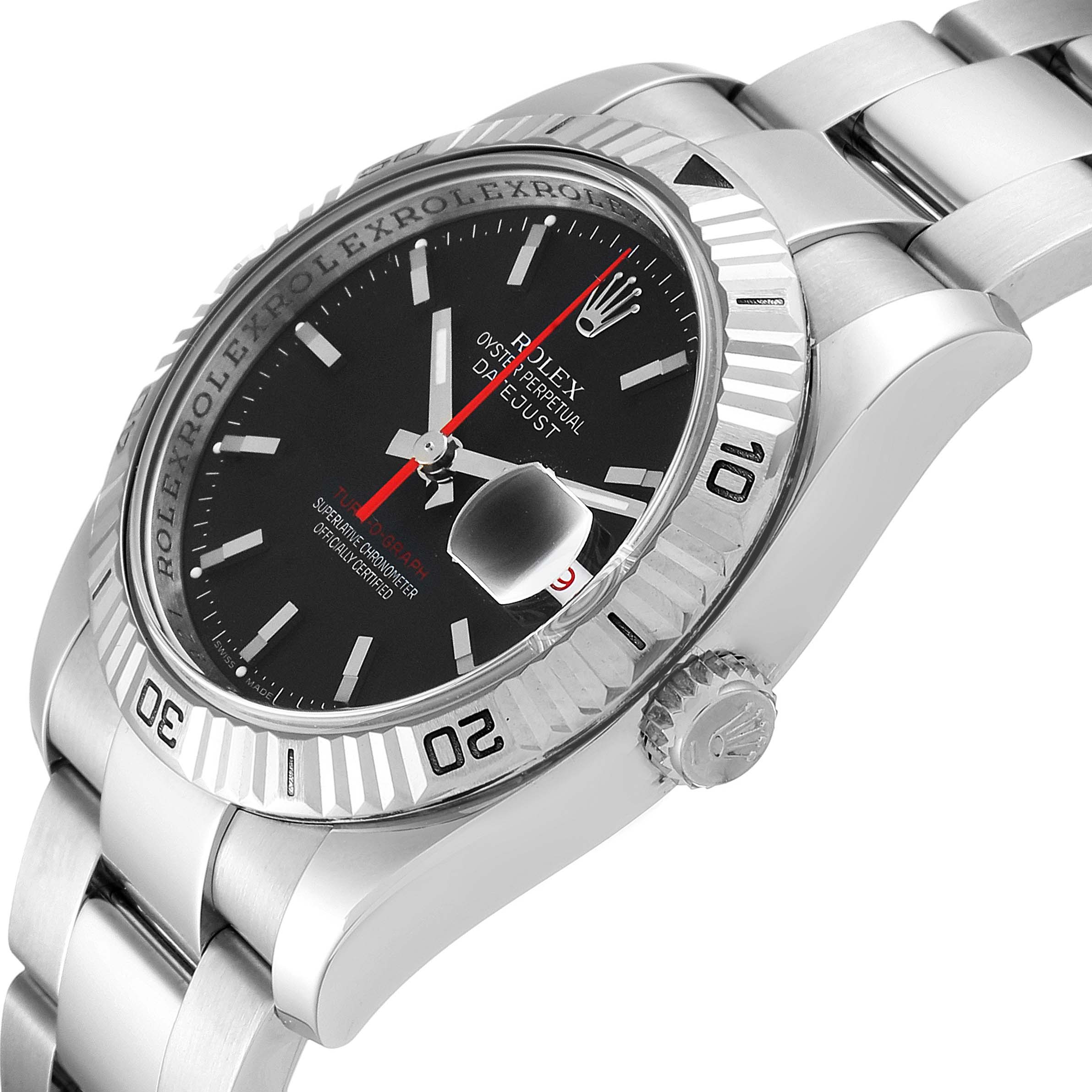 The Rolex Turn-o-Graph 116264 Men
s Stainless Steel Black Dial 116264 Men
s Stainless Steel Black Dial watch is shown at a tilted angle, displaying its black dial, bezel, crown, and part of the bracelet.