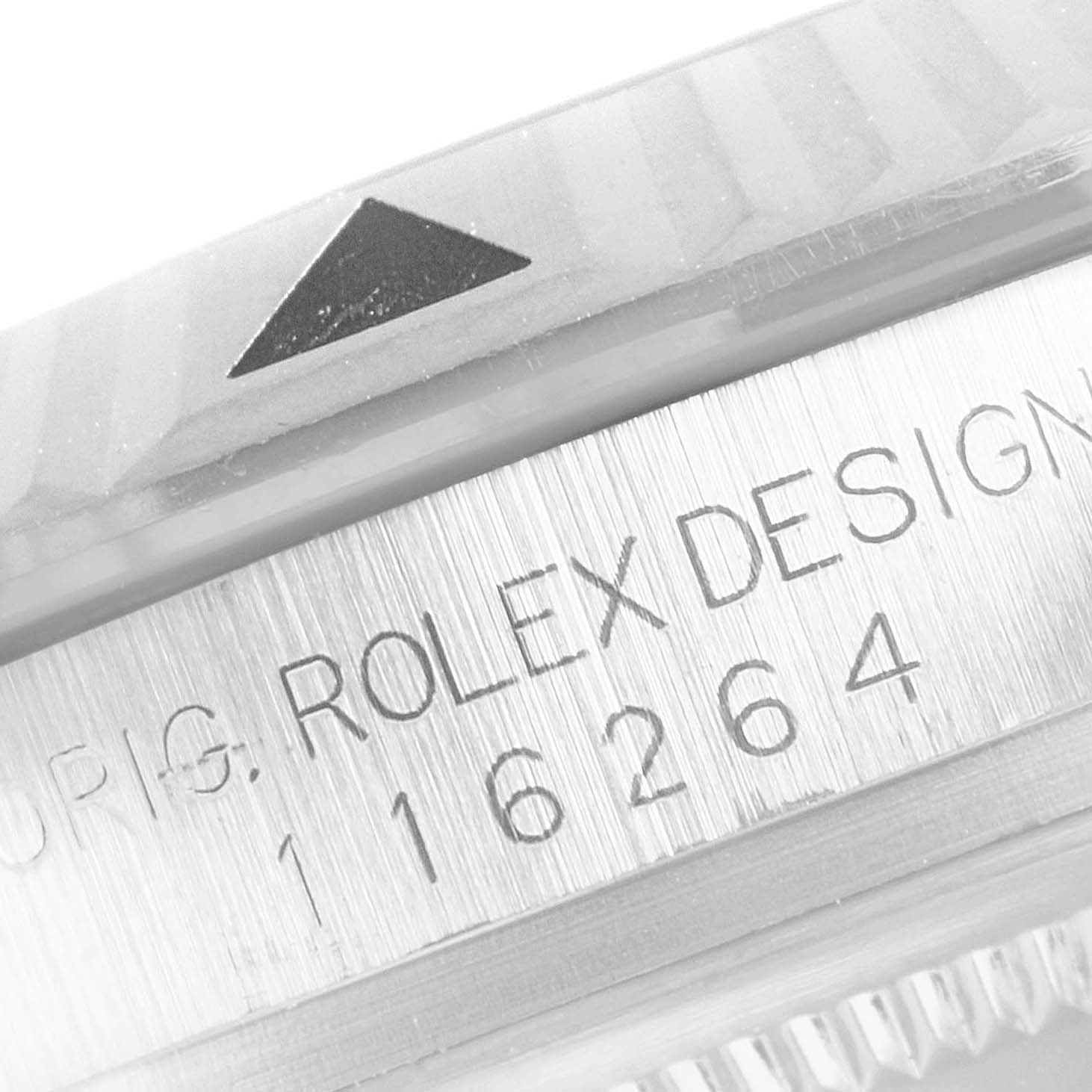 This image shows a close-up of the bezel and case side of a Rolex Turn-o-Graph 116264 Men
s Stainless Steel Black Dial 116264 Men
s Stainless Steel Black Dial watch, revealing the model number and "ROLEX DESIGN" engraving.