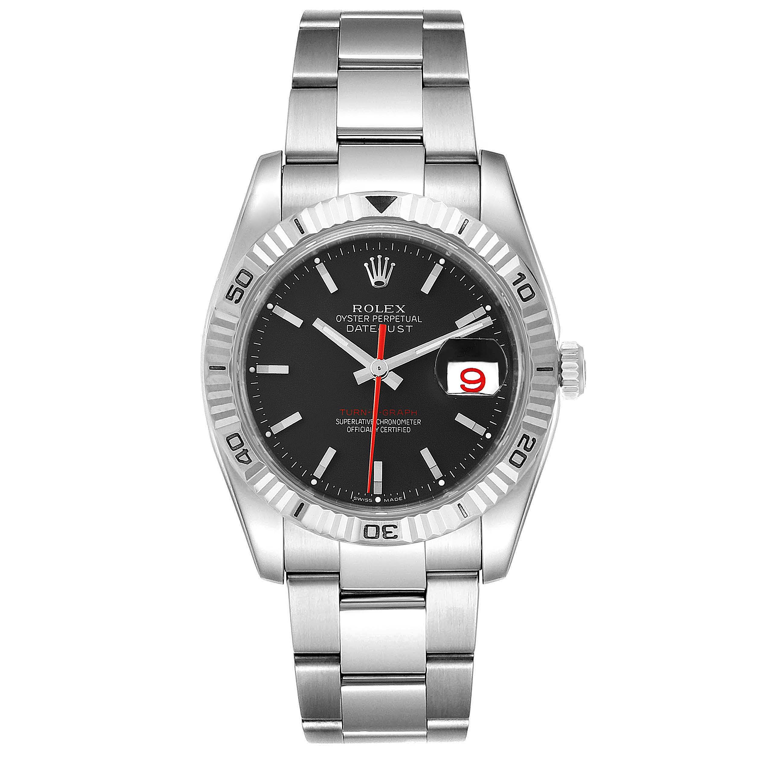 This image shows a front view of the Rolex Turn-o-Graph 116264 Men
s Stainless Steel Black Dial 116264 Men
s Stainless Steel Black Dial watch, displaying its black dial, date window, and stainless steel bracelet.