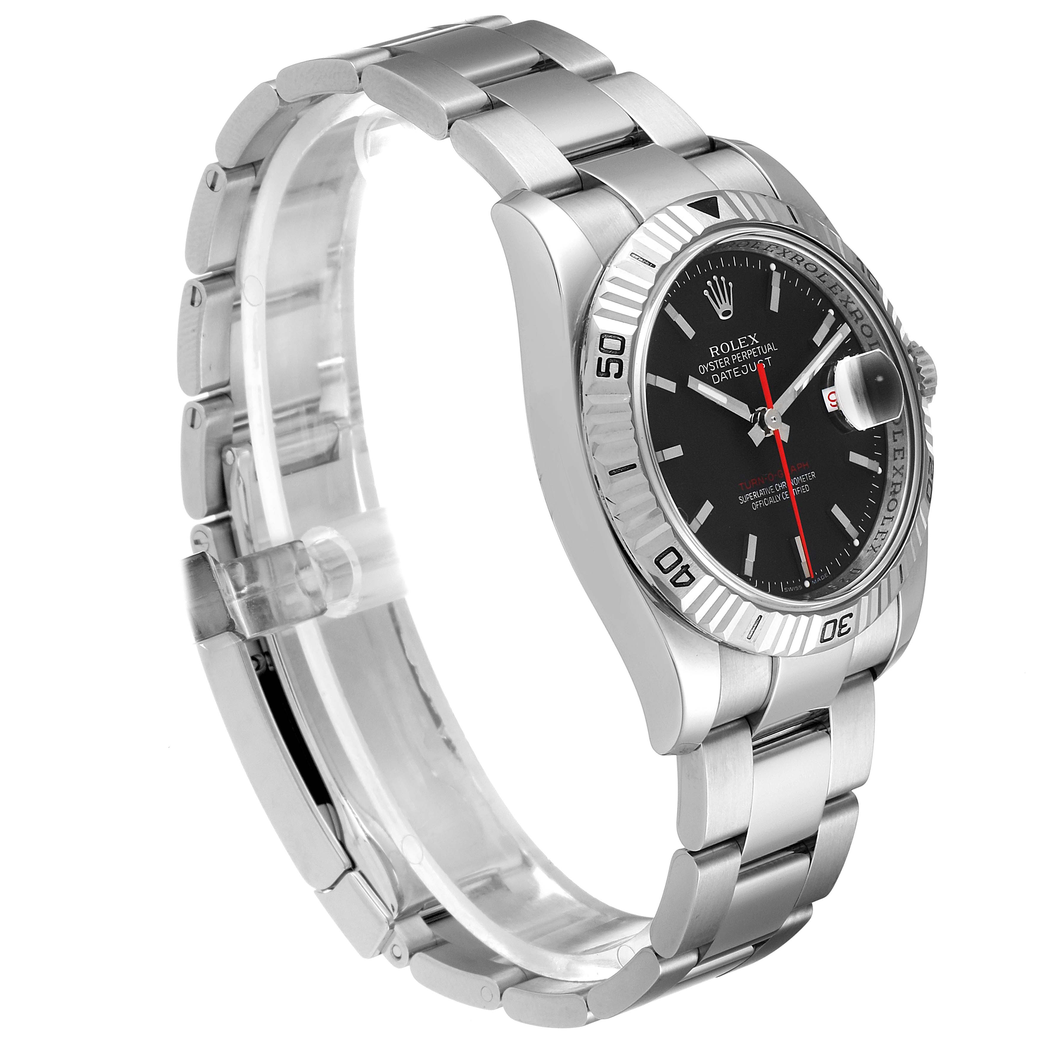 The image shows a Rolex Turn-o-Graph 116264 Men
s Stainless Steel Black Dial 116264 Men
s Stainless Steel Black Dial watch at a three-quarter angle, highlighting the dial, bezel, and bracelet.