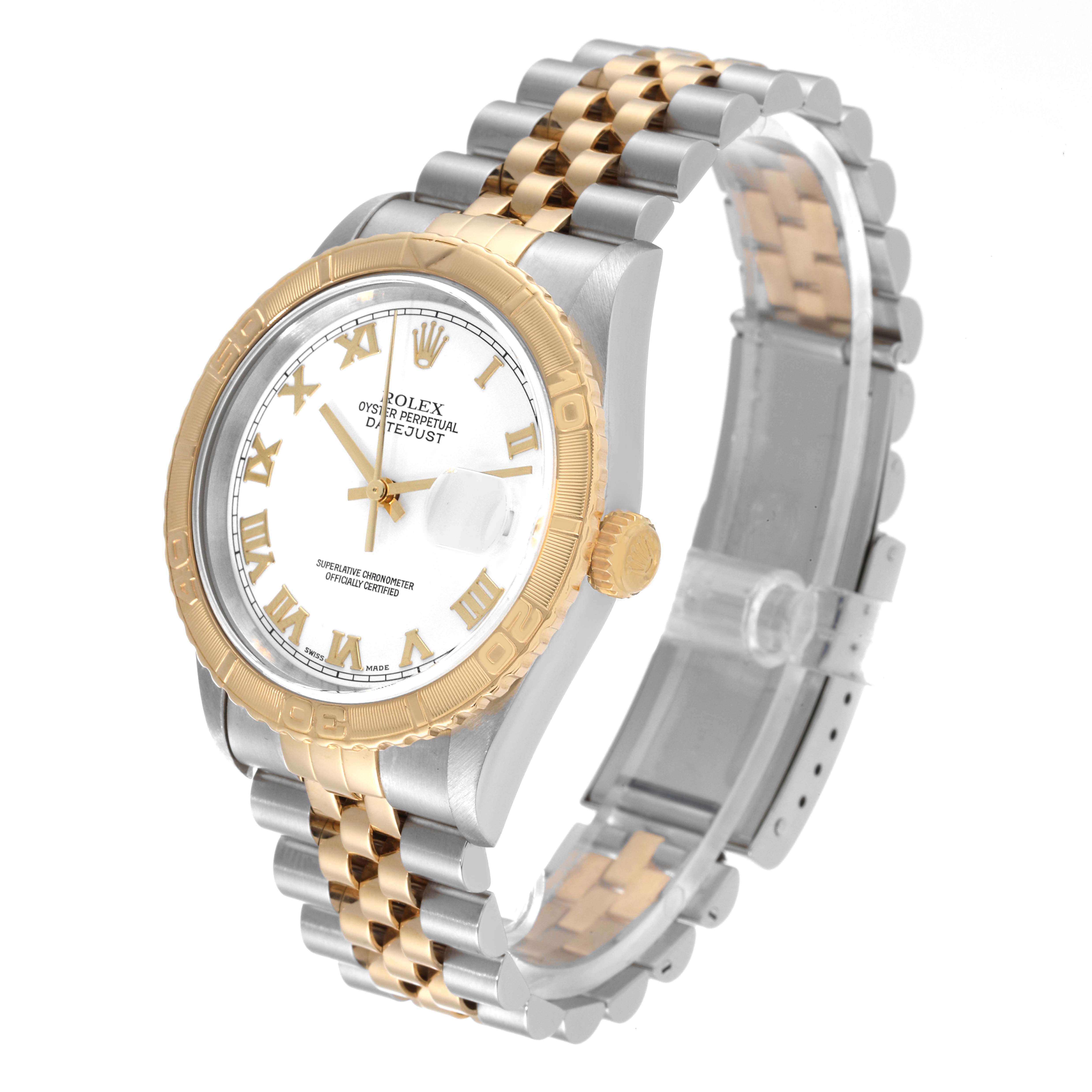 The Rolex Turn-o-Graph 16263 Men's Steel and Gold (two tone) White Dial 16263 Men's Steel and Gold (two tone) White Dial watch is shown at a three-quarter angle, highlighting the face, bezel, and bracelet.